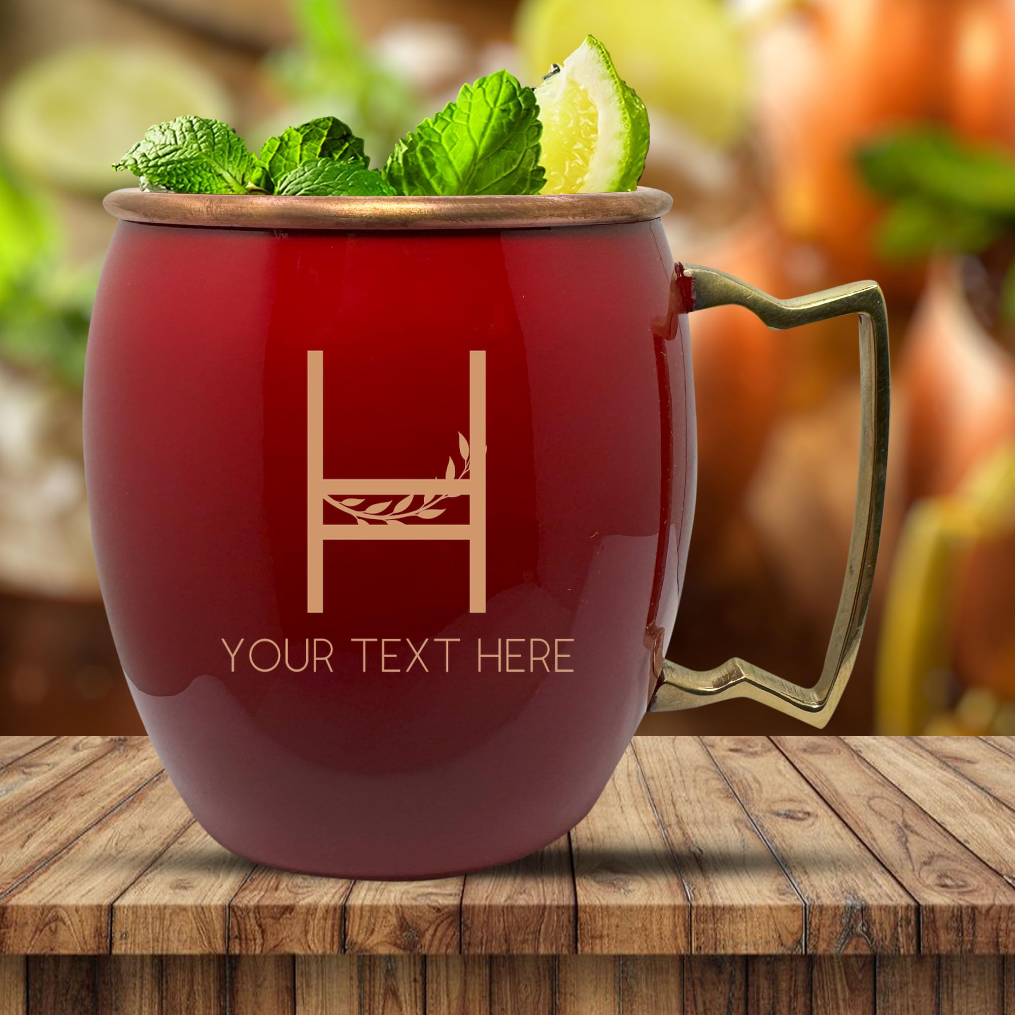 Custom Copper Moscow Mule with Smooth Painted Finish - Engraved Bar Style 100% Copper Cup with Personalized Hollow Vines Letter Monogram Themed Engraving, Brass Handle | 18 oz, Red