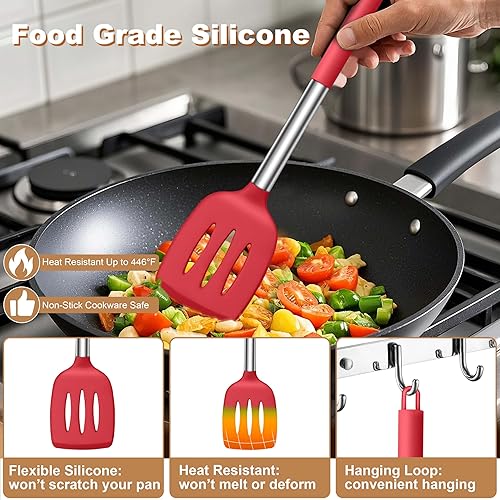 Miniatura 3 de LIANYU Juego de 6 utensilios de cocina de silicona, resistentes al calor, utensilios de cocina antiadherentes, mango de acero inoxidable, apto para