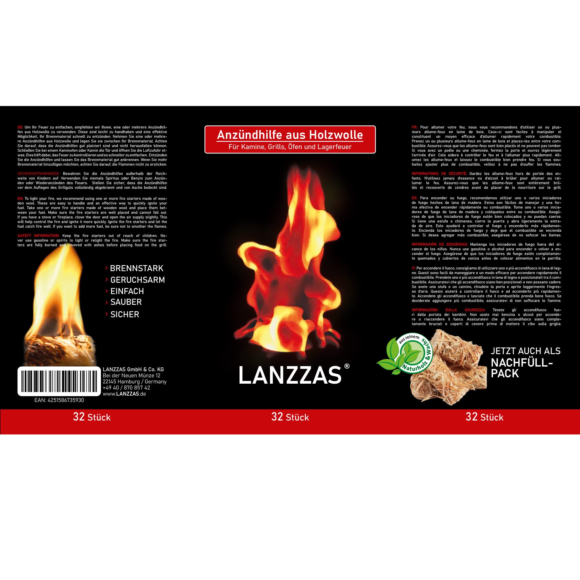 LANZZAS® 192 accenditori per camino e barbecue (lana di accensione) in lana di legno naturale e cera, dispositivo di accensione altamente indurito per una lunga durata.