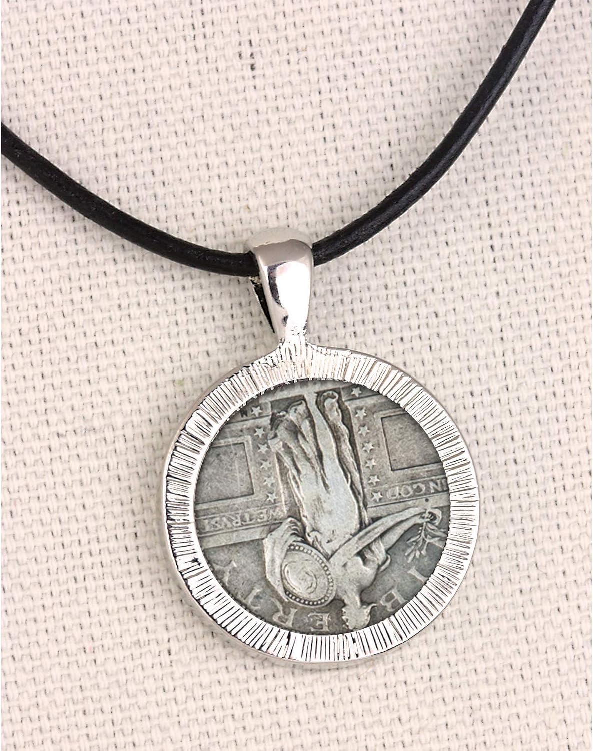 American Coin Treasures Men's Leather Cord Necklace with Silver Standing Liberty Quarter Reverse Eagle Pendant | Genuine United States Coin | Men’s Accessories