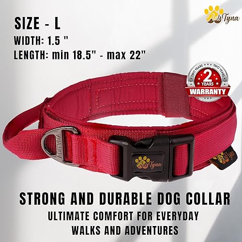 Miniatura 2 de ADITYNA - Collar táctico para perros grandes - Collar de perro con relleno suave, resistente, ajustable, color burdeos con asa para entrenar y