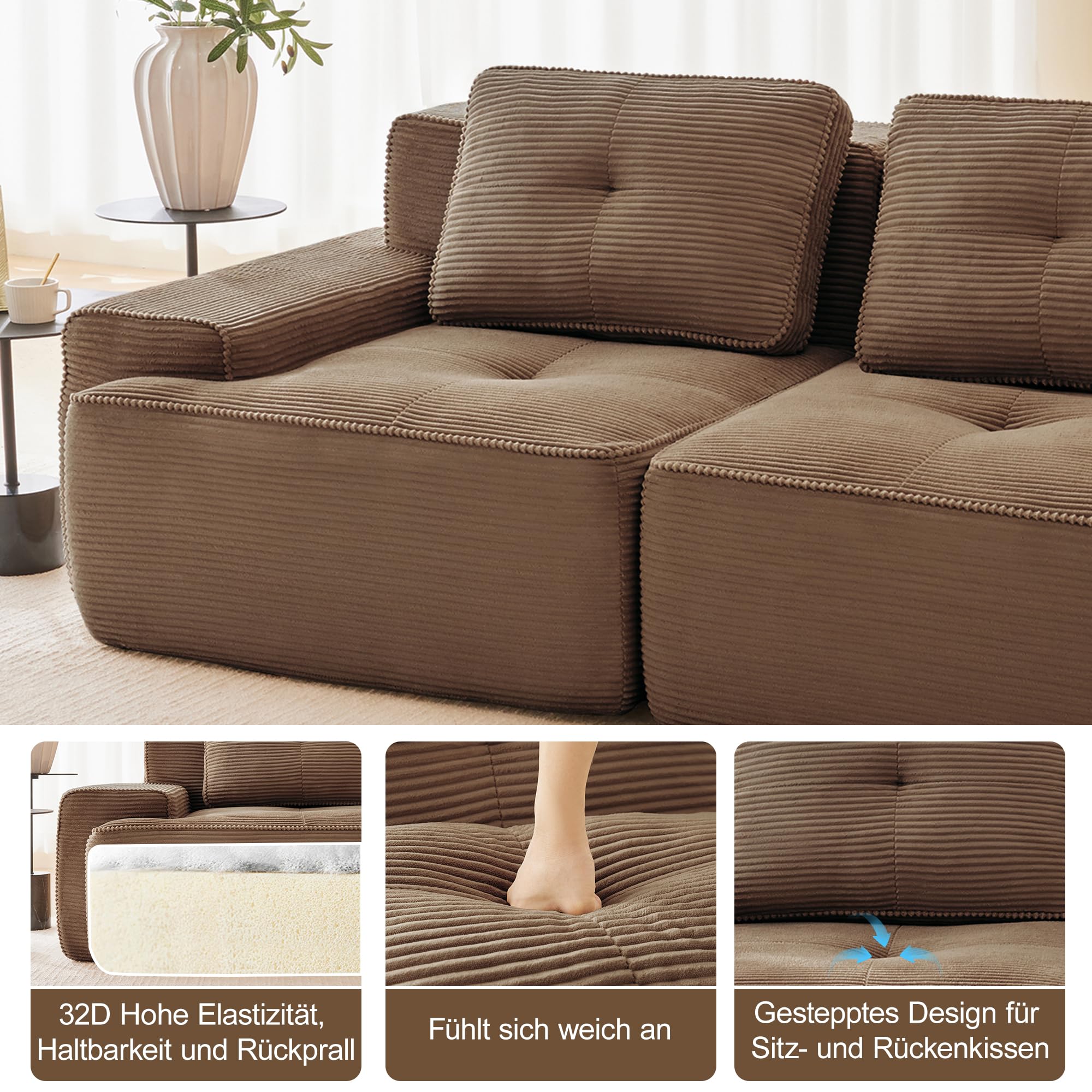 Bladez Moderno divano modulare Cloud Boneless ad angolo a forma di L in velluto a coste, divano cloud modulare con pouf, senza montaggio, divani imbottiti cloud combinabili per soggiorno (marrone, 3