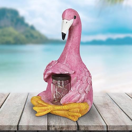 Exhart Escultura de jardín, estatua de jardín de flamenco rosa solar, tarro de 8 luces LED de luciérnaga, decoración de jardín al aire libre, 8 x