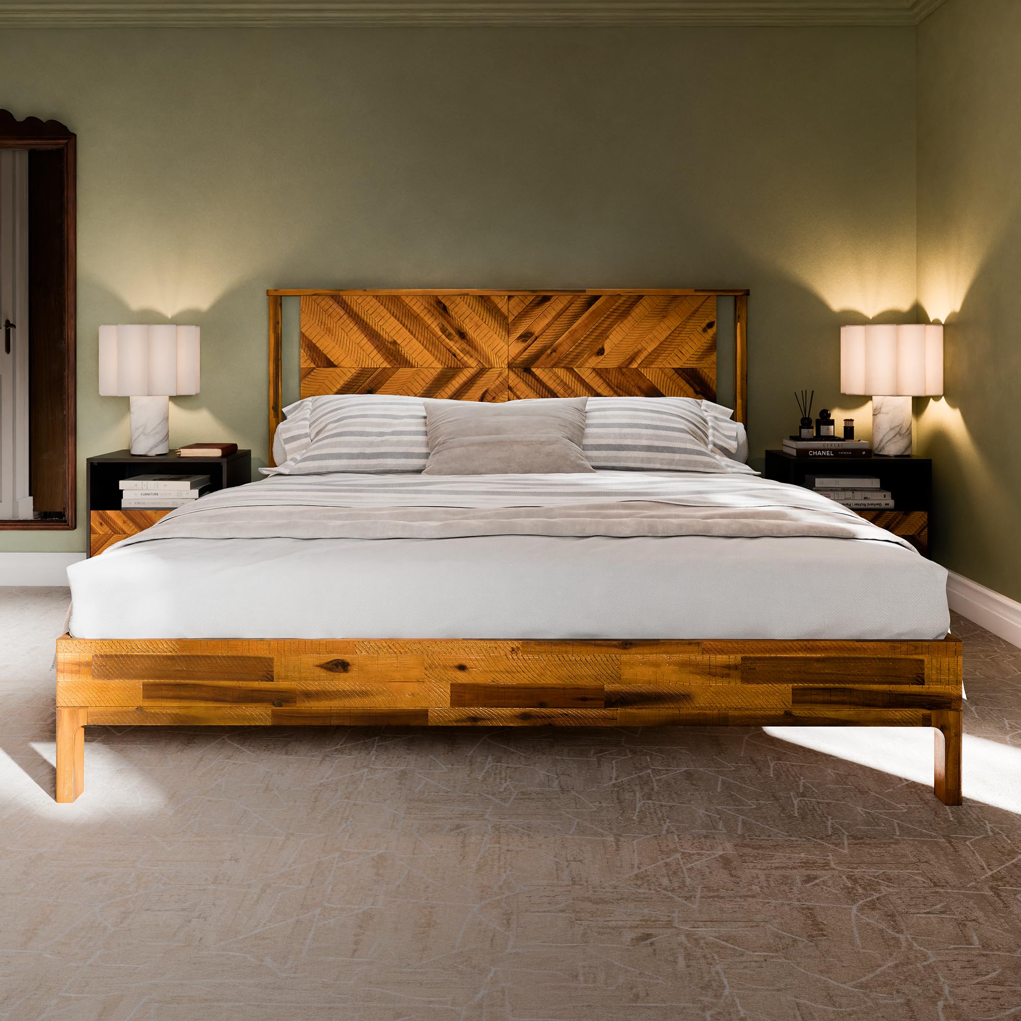 Bme Vivian 14 Inch Deluxe Bed Frame with Headboard, Rustic & Scandinavian Style