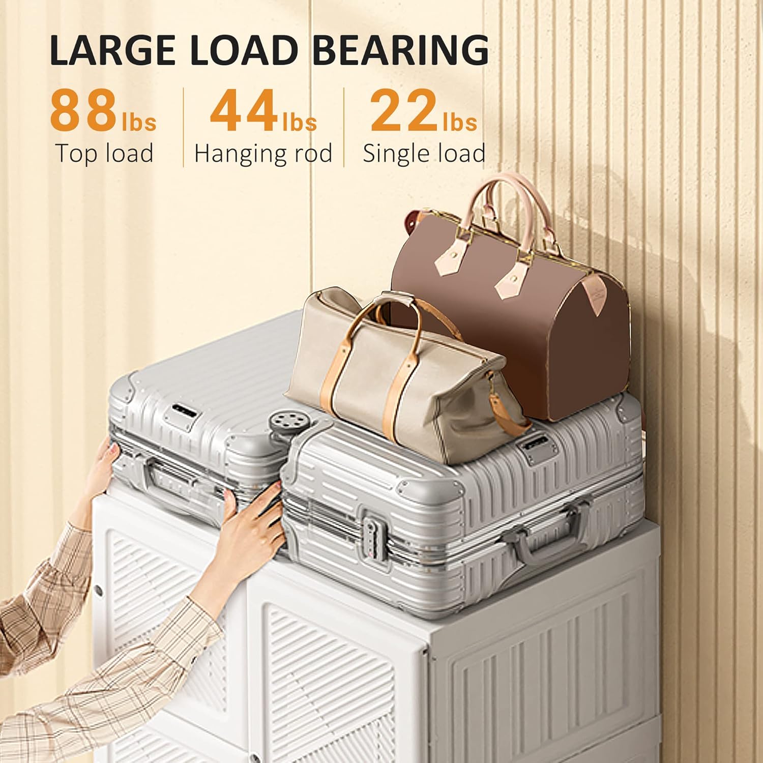 Image illustrating the load-bearing capacity of the HOMCOM Portable Wardrobe Closet, showing suitcases on top and weight limits for top load, hanging rod, and single shelf.