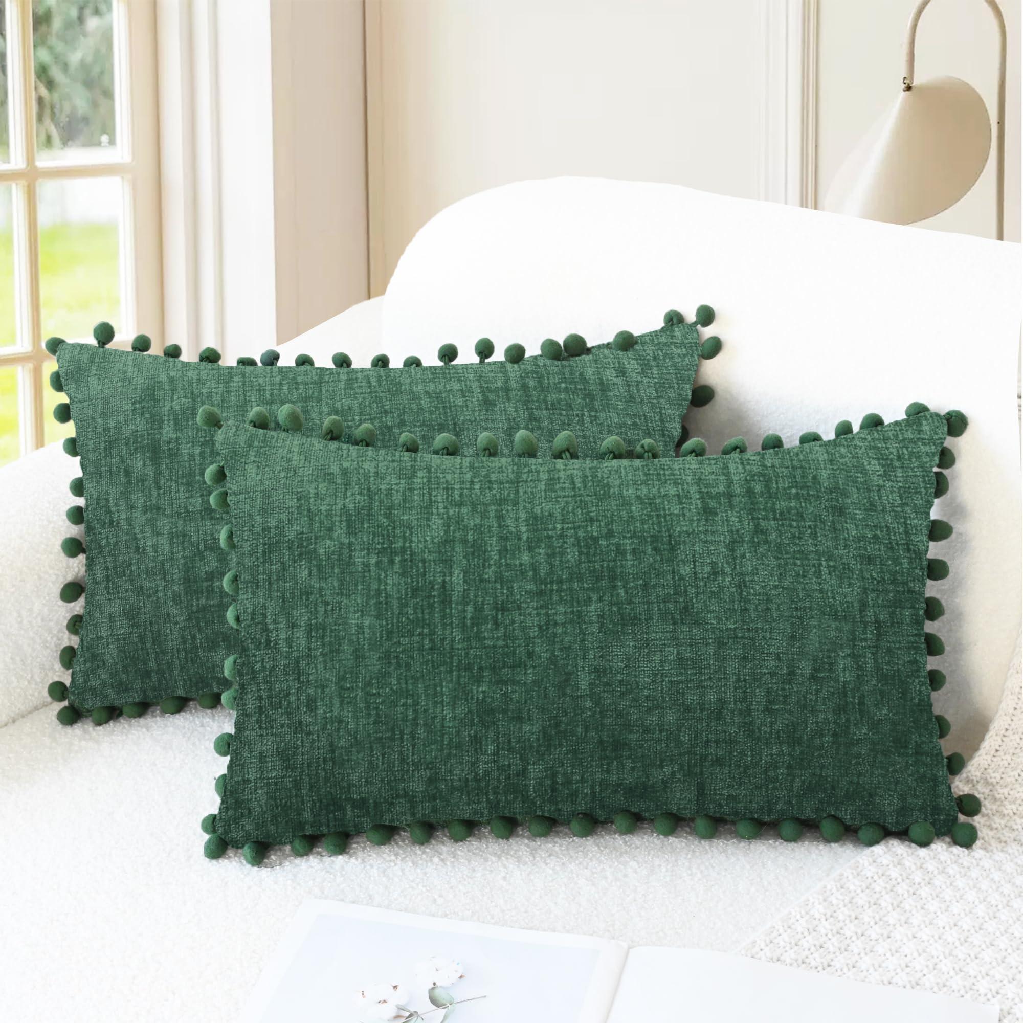 CaliTime Throw Pillow Cases Pack of 2 Cozy Solid Dyed Soft Chenille Cushion Covers with Pom Poms for Couch Sofa Home Decoration 30 x 50cm Dark Green