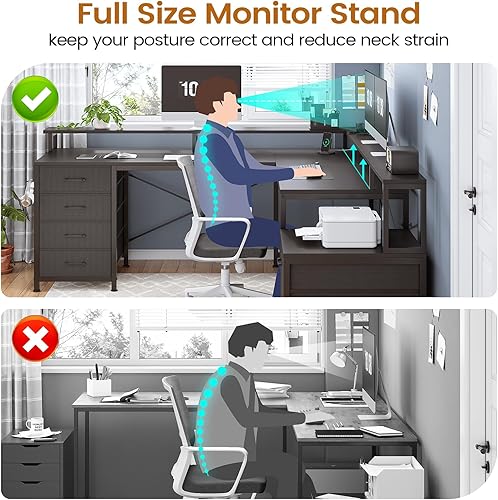 Miniatura 8 de SEDETA L Shaped Desk with 6 Drawer, 108" Home Office Desk with File Drawer & Power Outlet, Corner Computer Desk with Monitor Shelf, File Cabinet,