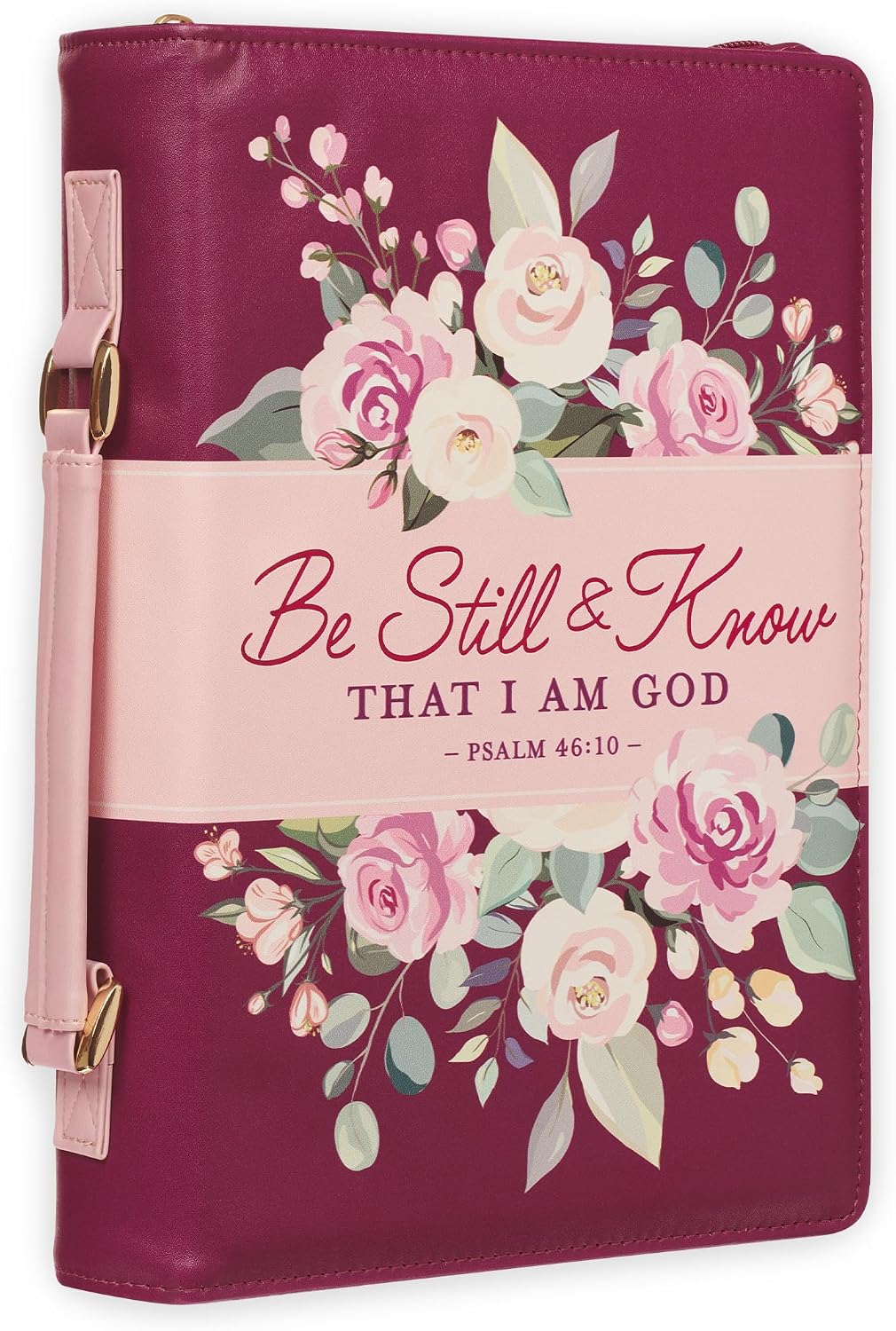 Christian Art Gifts Fashion Vegan Leather Bible Cover for Women: Be Still & Know Inspirational Scripture, Sturdy Book Tote, Pen Loops, Pockets. Cute Stationery Case, Plum Purple & Pink Floral, Large