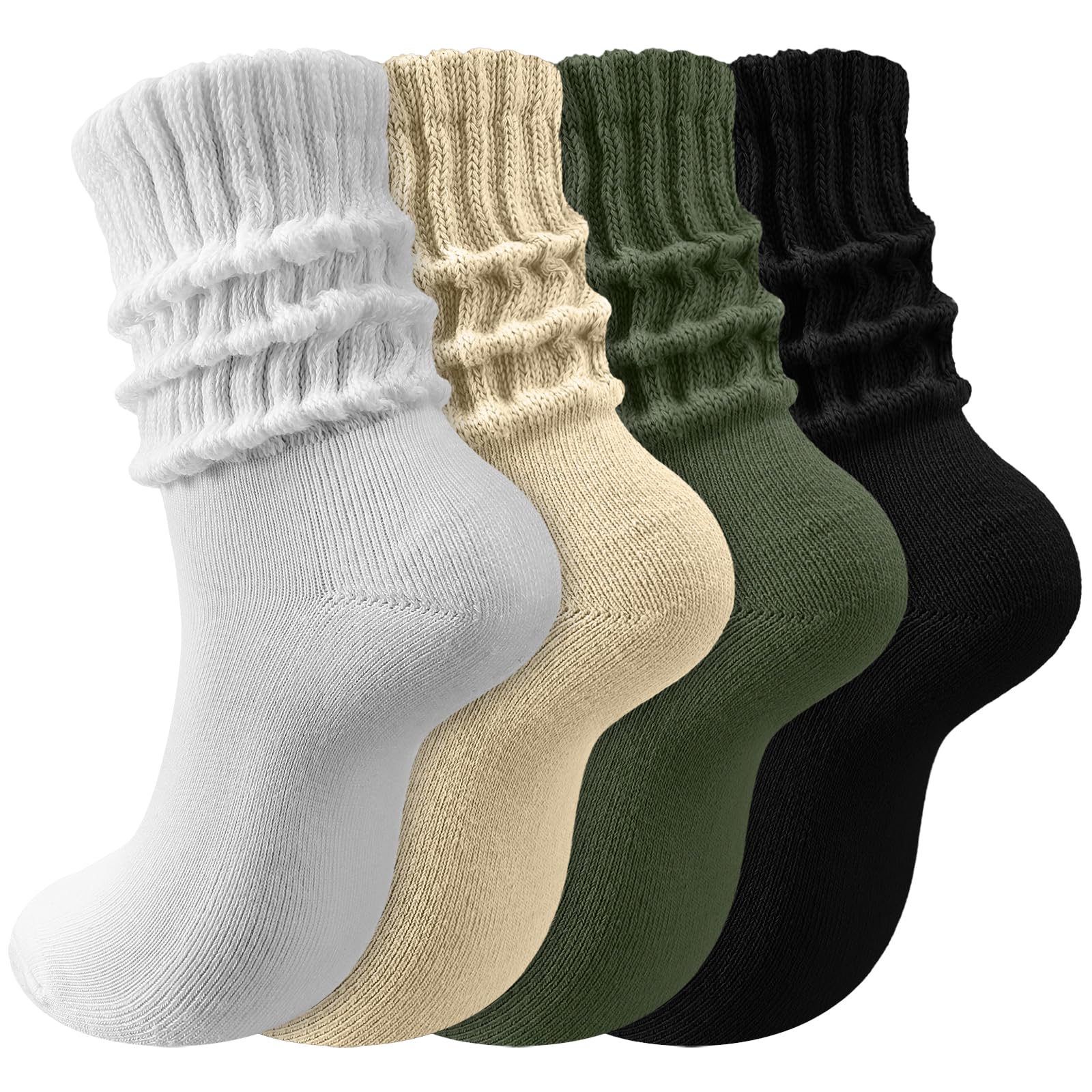 Zoooyawn 4 Pair Slouch Crew Socks for Women Girls Cotton Scrunch Socks Long Athletic Slouchy Ribbed Baggy Stacked Accessory