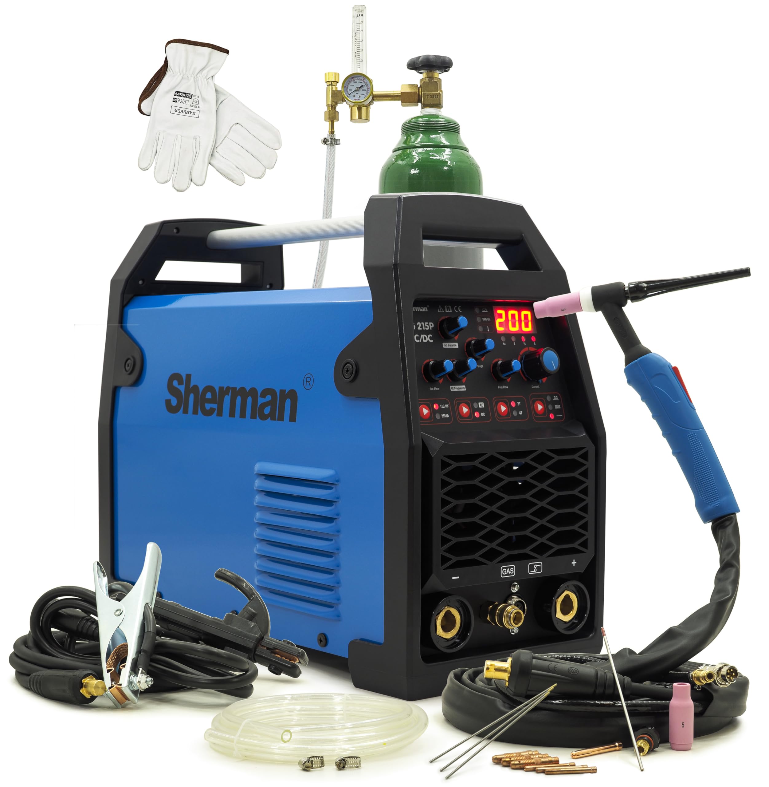 Sherman TIG - Soldadora de aluminio (230 V, 200 A, dispositivo de soldadura de gas protector con función de pulso, TIG 215P Bestschweissen.de | Bidón de gas de argón de 8 litros, reductor de presión, cable MMA y accesorios básicos