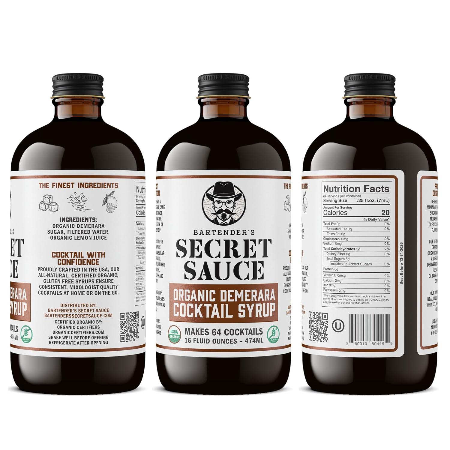 Bartender’s Secret Sauce USDA Organic Demerara Syrup – 16 oz Rich Cocktail Syrup with Organic Demerara Sugar – Perfect for Old Fashioneds, Tiki Drinks, Coffee, Espresso & Desserts – Gluten Free, Non-GMO, OU Kosher
