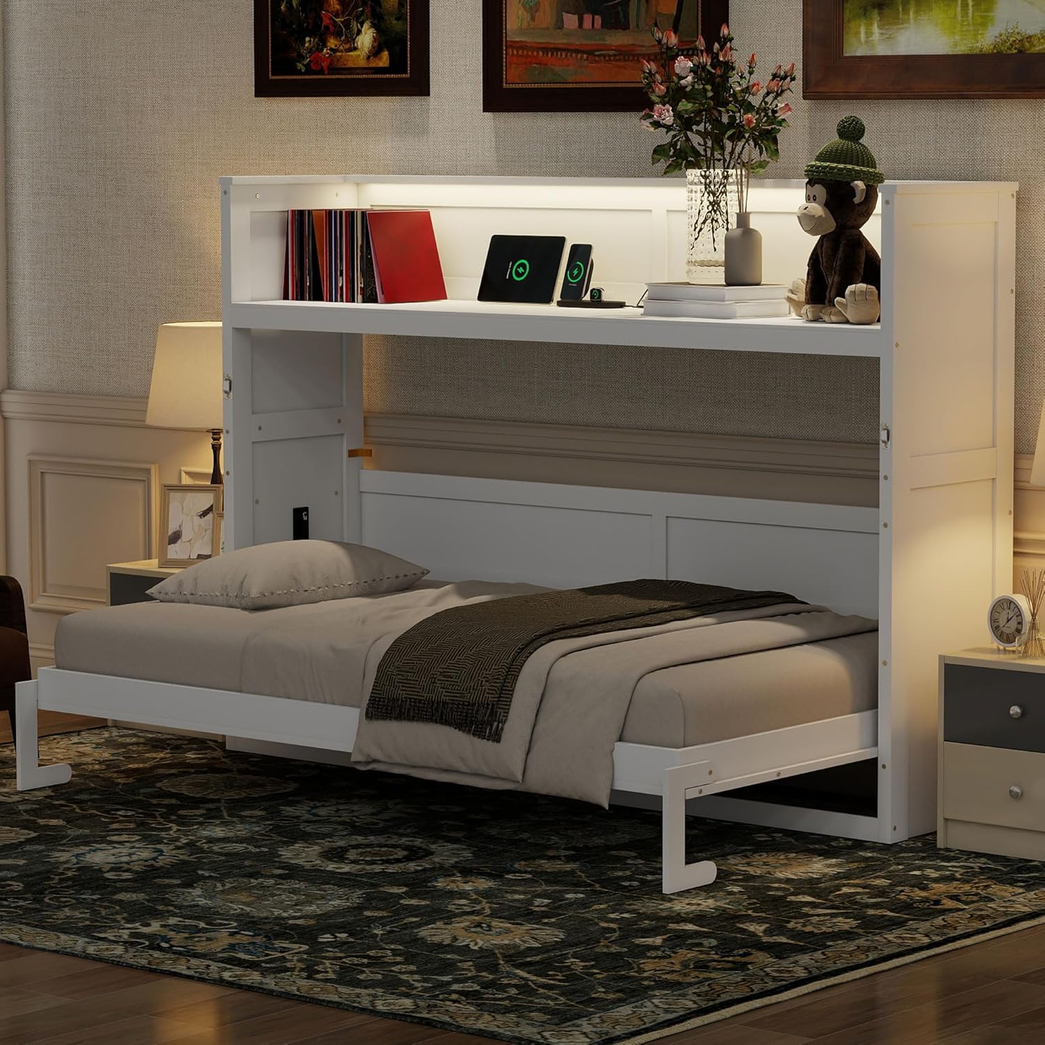 Merax Twin XL Size Murphy Bed, Wooden Murphy Bed with Desk, LED Light and USB Charging Station, White