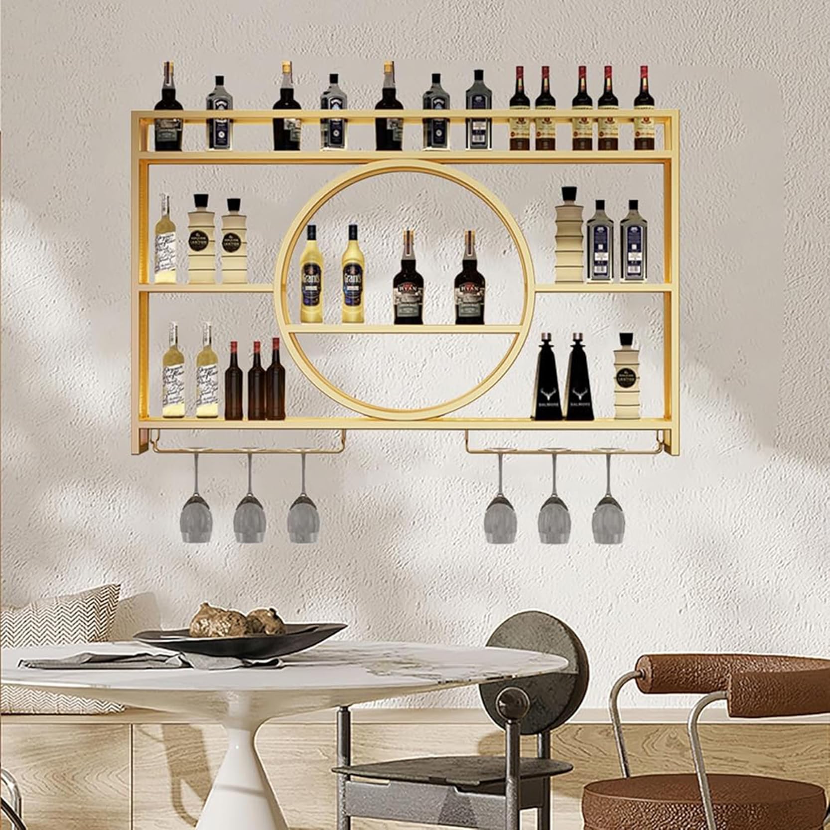 Casier à vin mural LED gold 120cm avec porte-verres élégant