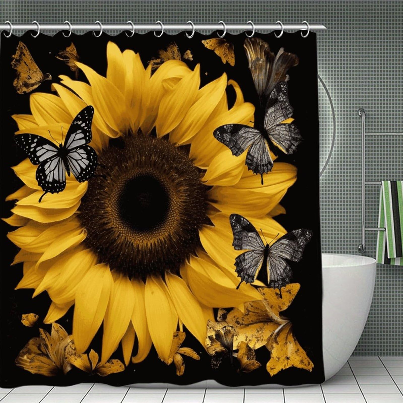 VstaDank Butterfly and Sunflower Shower Curtain Waterproof Bathroom Curtain with Hooks Luxury Weighted Bath Curtains for Bathtubs Showers Room Dividers Decorative Shower Curtains 71x71 in
