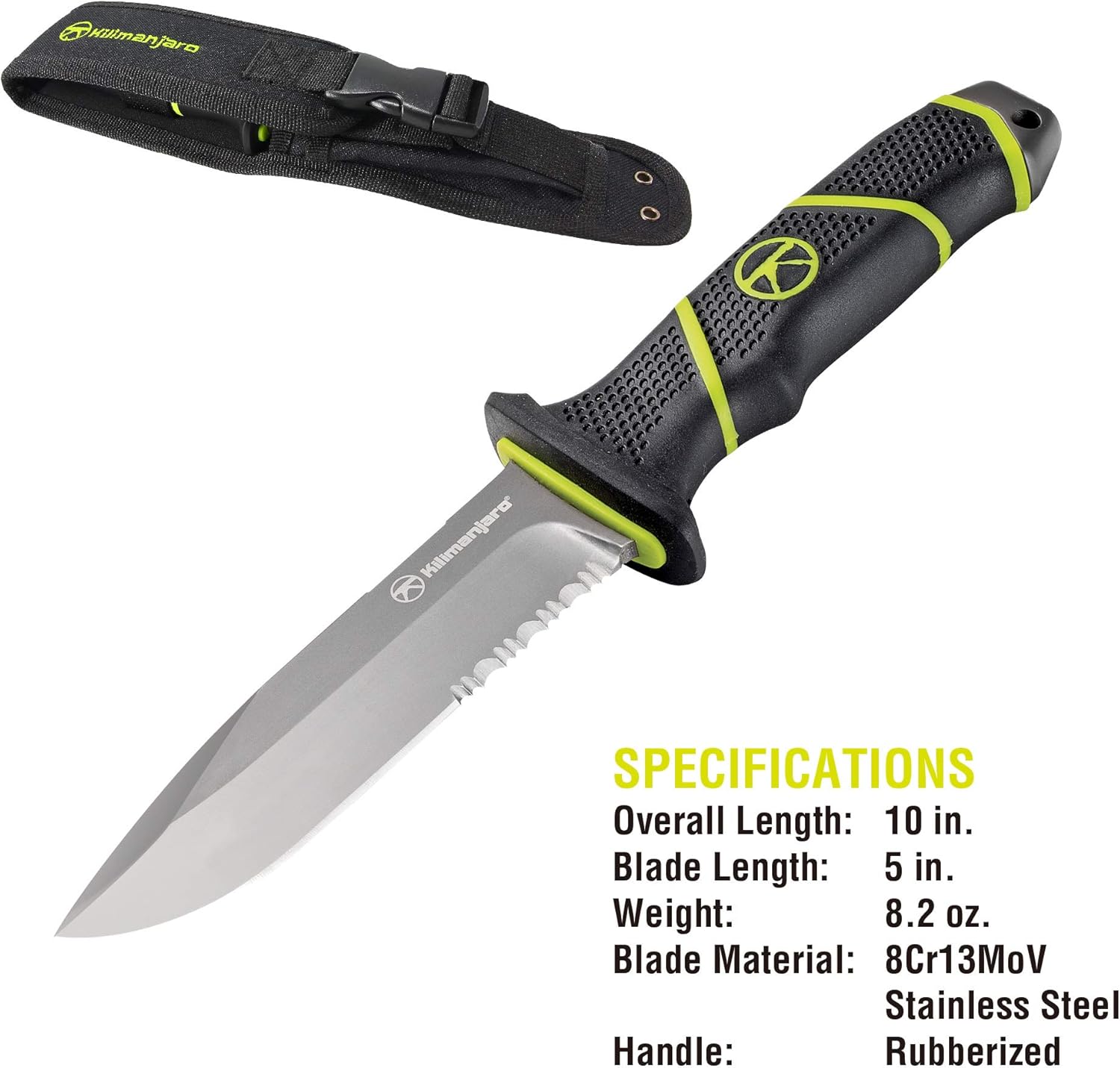 Kilimanjaro Kibo 10 Inch Fixed Blade Knife – 8Cr13MoV Semi-Serrated Stainless Steel Drop Point Blade, Rubberized High-Grip Handle, MOLLE Sheath, Outdoor Survival Hunting Knife – 910091