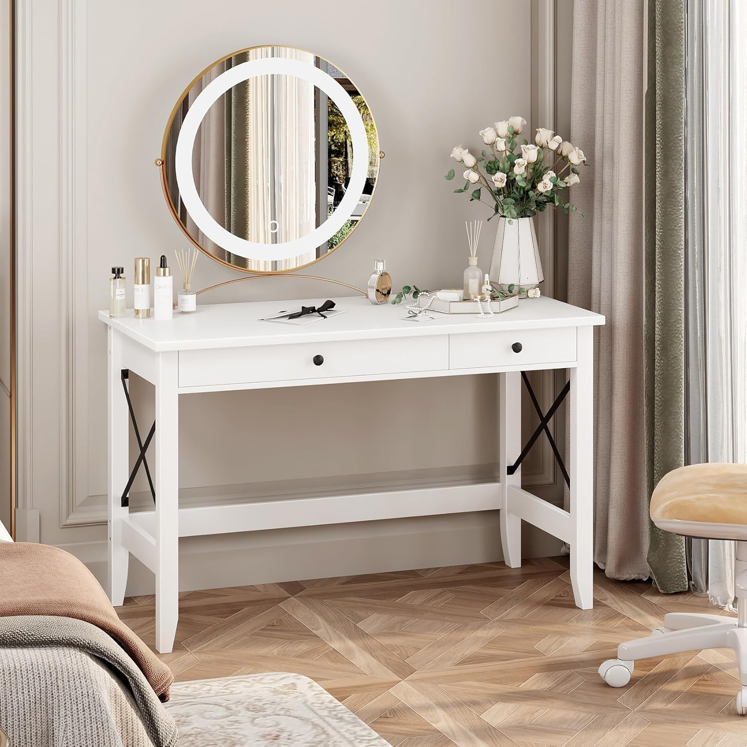 JSB 43.3'' White Computer Desk for Home Office,Farmhouse Executive Desk with 2 File Drawers,Study Writing Table Storage Cabinet,Makeup Vanity Desk for Bedroom (White, 43.3in)