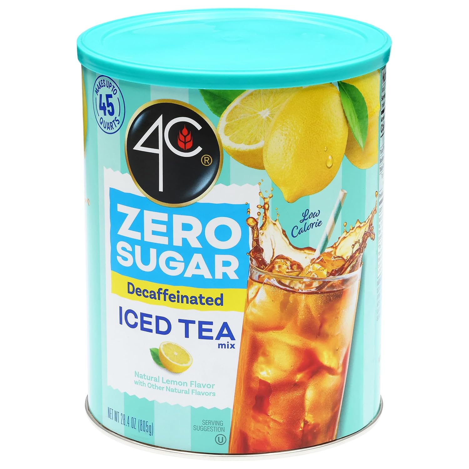 4C Zero Sugar Powdered Drink Mix Cannisters, Zero Sugar Decaffeinated Iced Tea, 45 Quarts, Family Sized Cannister, Low Calorie, Thirst Quenching Flavors (Decaf Iced Tea, 28.4 Ounce (Pack of 1))