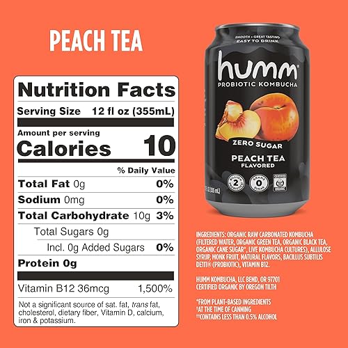 Miniatura 2 de Humm Probiotic Kombucha - Té de durazno sin azúcar, no necesita refrigeración, apto para keto, orgánico, vegano, sin gluten, latas de 12 onzas