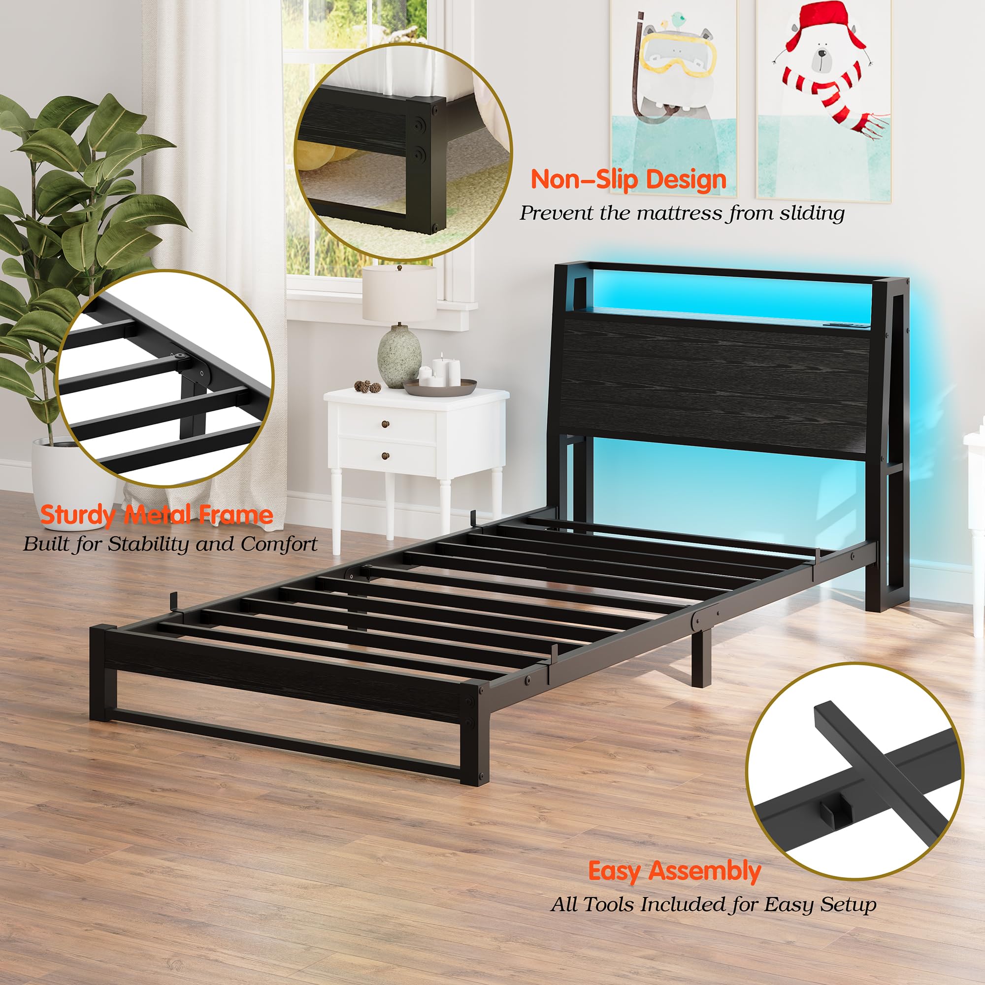 Letto 90 x 200 cm con testiera ergonomica con spazio di archiviazione, letto singolo in metallo, telaio del letto con stazione di ricarica e illuminazione a LED, ideale per camera da letto