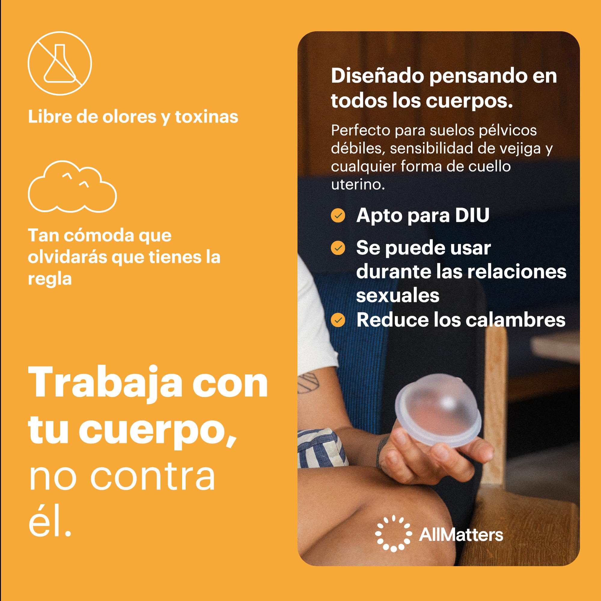 AllMatters (anteriormente Organicup) Disco Menstrual. Una alternativa reutilizable y cómoda a los productos desechables. Capacidad equivalente a 6 tampones. 100% silicona suave de grado médico.