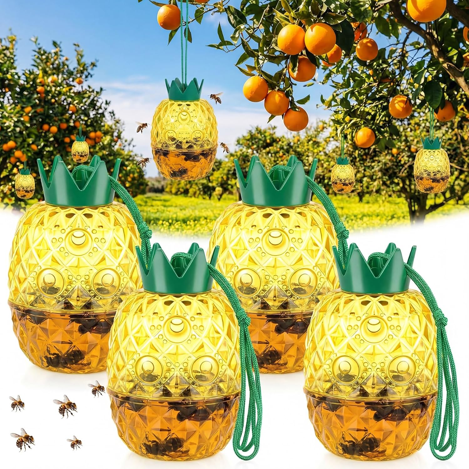 4 Pack Wasp Trap Outdoor Hanging, Reusable Yellow Jacket & Hornet Trap with Bait Reservoir, Durable Outdoor Bee Catcher for Garden, Patio, Orchard, Pineapple Design