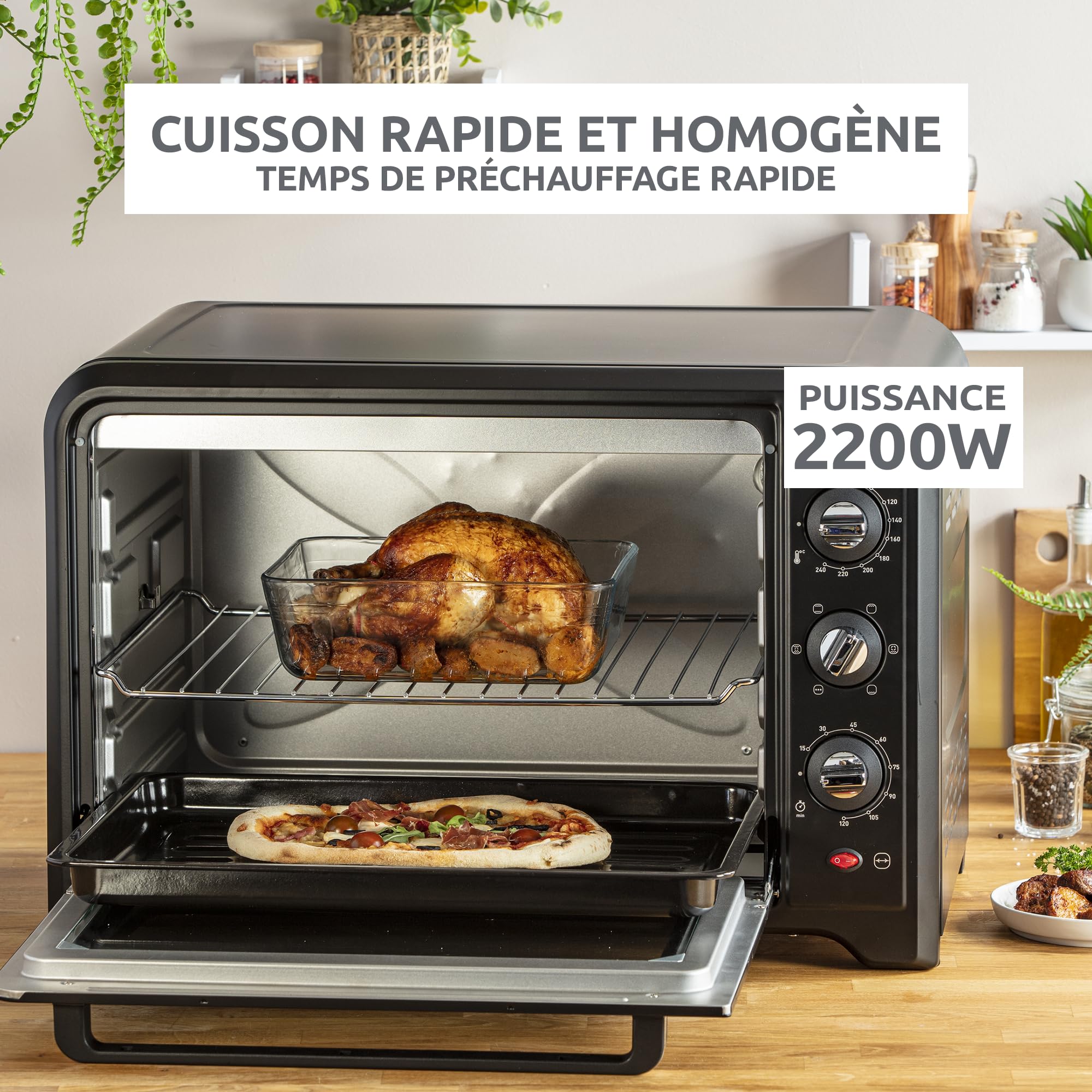 Moulinex Four électrique à chaleur tournante 60 L, 7 modes de cuisson, Tournebroche, Thermostat réglable jusqu’à 240 °C, Timer 120 minutes, 2 grilles réversibles, Optimo, Noir OX495810