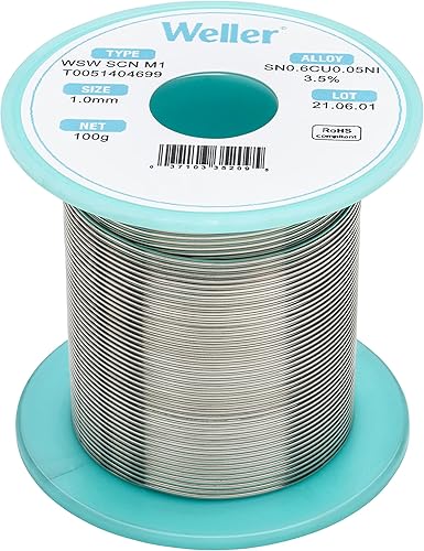Weller WSW SCN M1 (T0051404699) Alambre de soldadura, diámetro 1,0 mm  0,039 in, peso 100 g  3,527 oz, aleación Sn99.3Cu0.6Ni0.05, contenido de