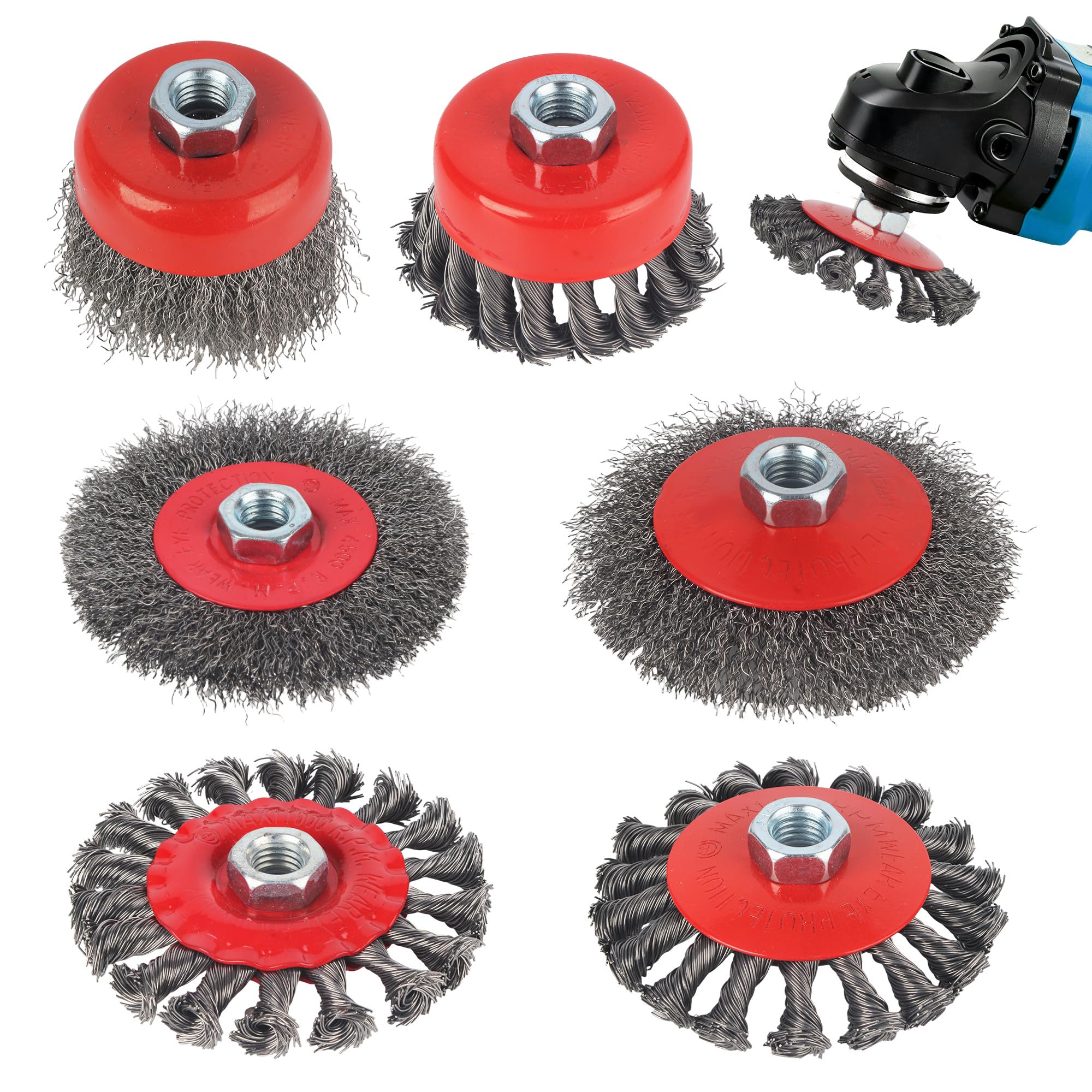 6 Piezas Cepillo de Alambre para Amoladora Angular M14, Cepillo de Alambre para Amoladora Angular M14 Diámetro de 75 mm y 100 mm, para el Lijado de Metales Eliminación de Óxido y Pintura, Rojo