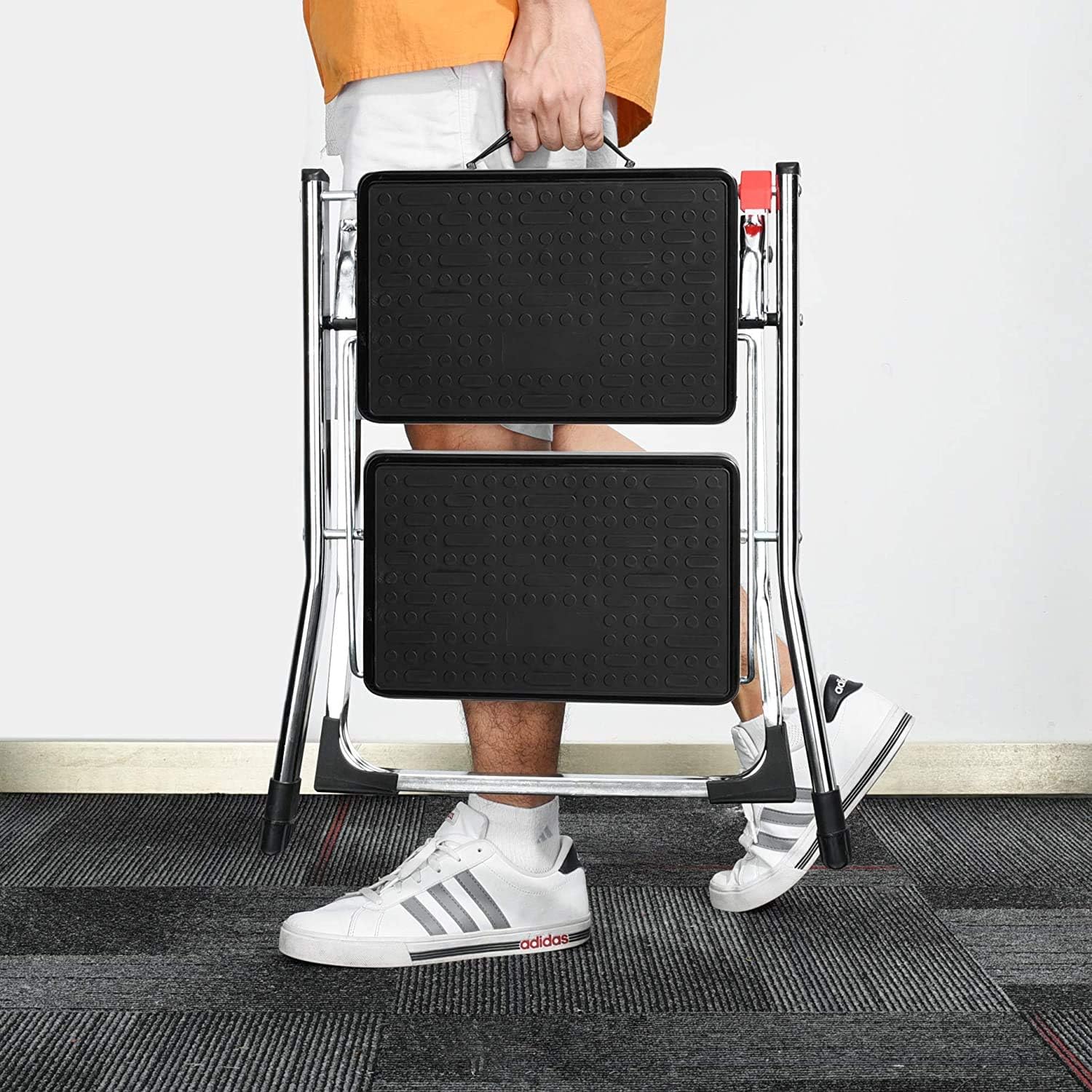 Delxo 2 Step Stool Stepladders Lightweight White Folding Step Ladder with Handgrip Anti-Slip Sturdy and Wide Pedal Steel Ladder Mini-Stool 250lbs 2-Feet (2 Step Stool-Gray)