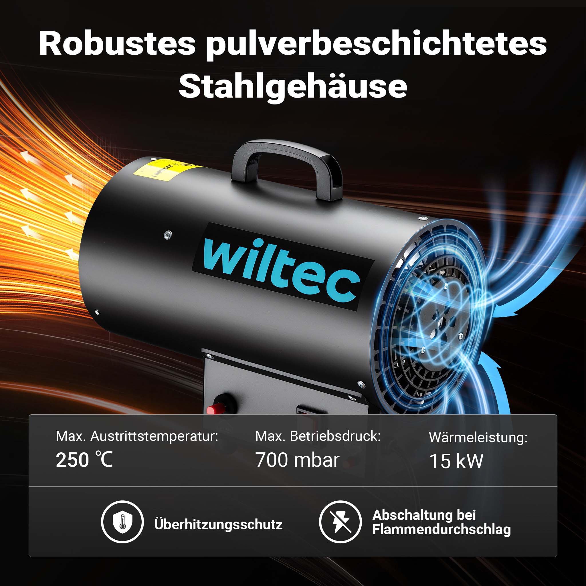 Wiltec Generatore di calore a gas GPL, 15 kW 30 W 320m³/ora, cannone aria calda con avviamento piezoelettrico, incluso riduttore di pressione del gas per l'Italia 700 mbar con tubo da 1,5 m