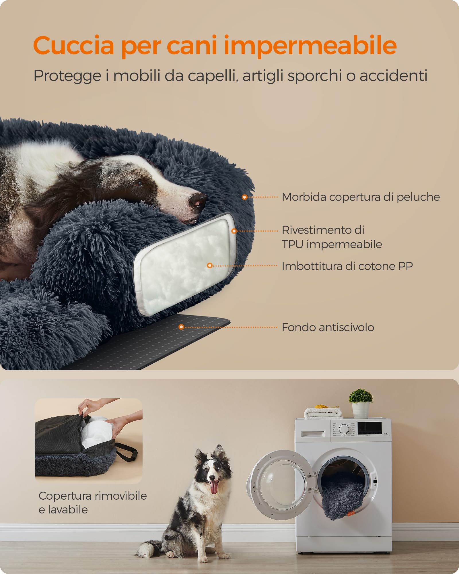 Feandrea FluffyHug Cuccia per Cani di Peluche, Tappeto Copridivano per Animali, Divano per Cani, XL, per Cani di Taglia Meida e Grande, 110 x 95 x 18 cm, Grigio Scuro PGW223G02