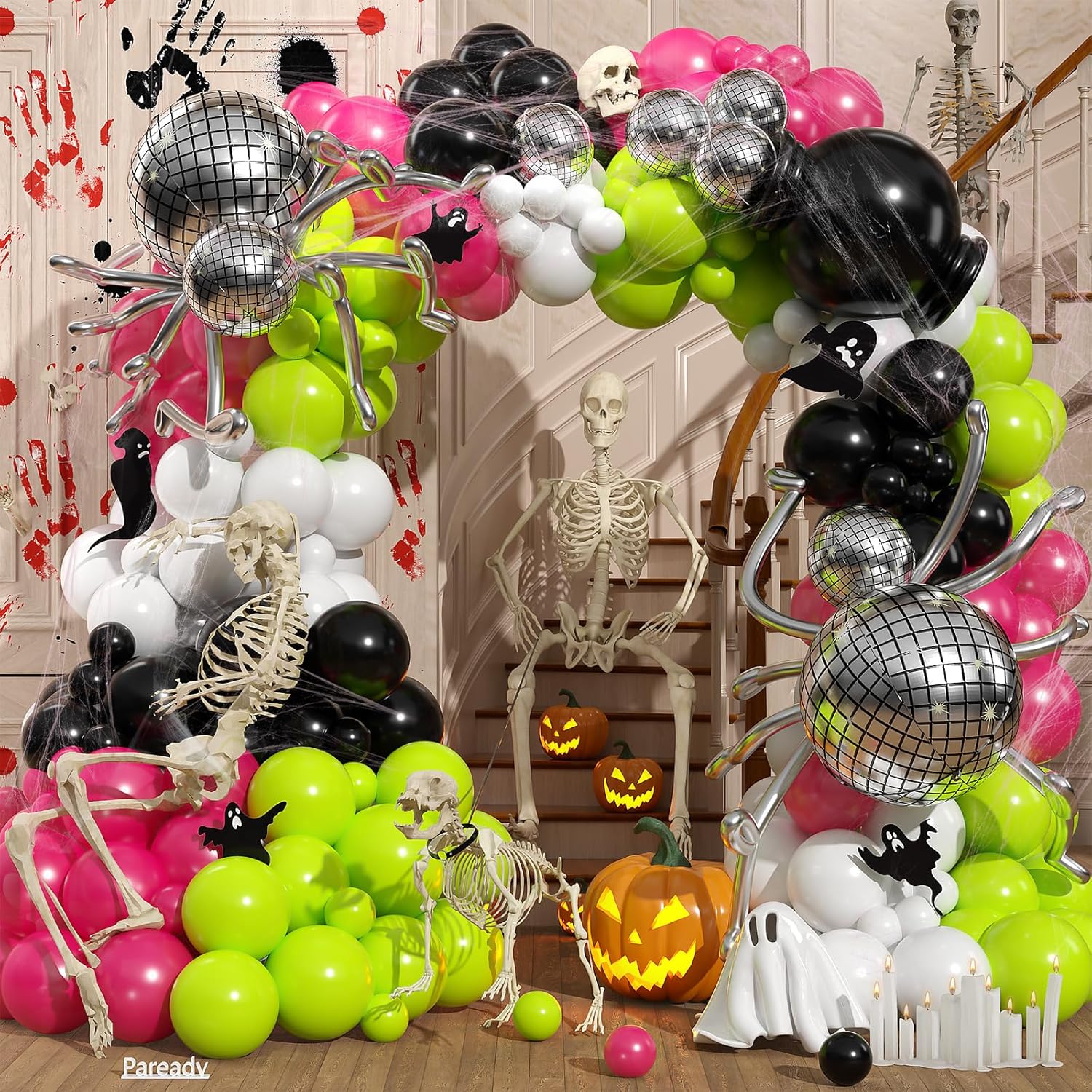 Halloween Balloons Arch Kit, Black Green Hot Pink Balloon Garland Kit with 4D Disco Spider Balloon, Black Pink White Metallic Silver Long Balloons for Halloween Birthday Home Garden Party Decorations
