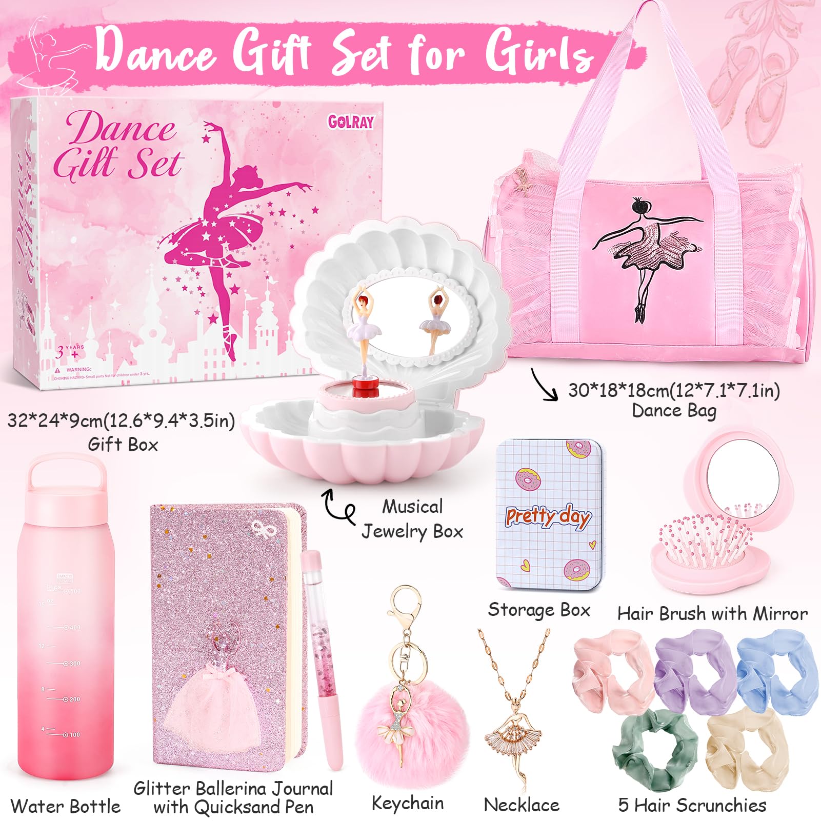Golray 15 Pcs Dance Recital Gifts for Girls Age 5 6 7 8 12 with Ballet Dance Bag/Musical Ballerina Jewelry Box/Water Bottle/Journal Christmas Birthday Gifts Kid Girl Toy for Daughter, Granddaughter