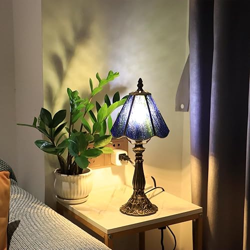 Miniatura 9 de Small Tiffany Table Lamp Grass Green Rippled Stained Glass Desk Lamps 6X6X14 Inch Bronze Resin Base Antique Mini Accent Light Grass Green