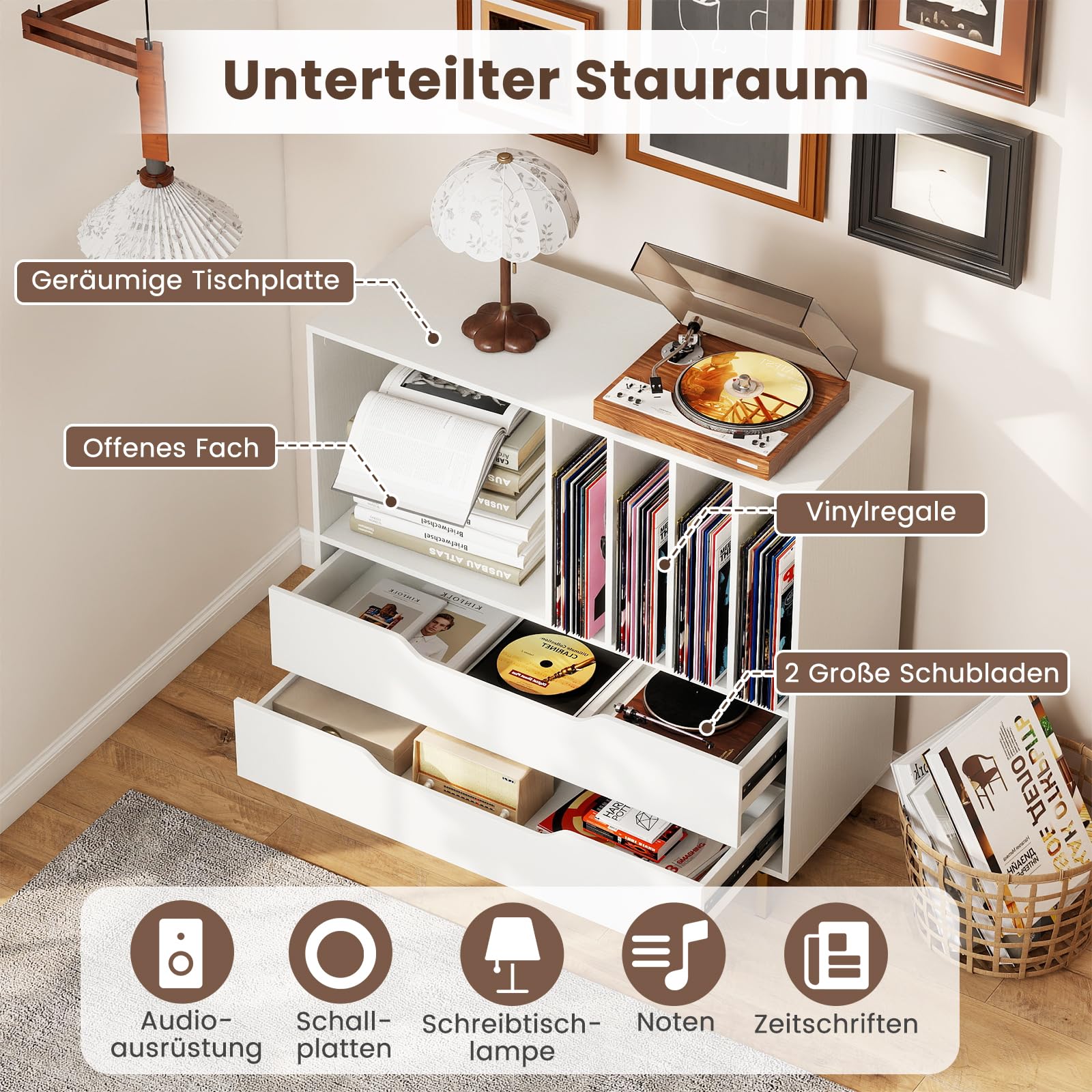 COSTWAY Plattenspielerständer, Mittelalter Plattenspielertisch mit offenem Fach, 4 Vinyl-Fächern & 2 Schubladen, Schallplattenschrank mit Vinylaufbewahrung für Wohnzimmer & Schlafzimmer (Weiß)