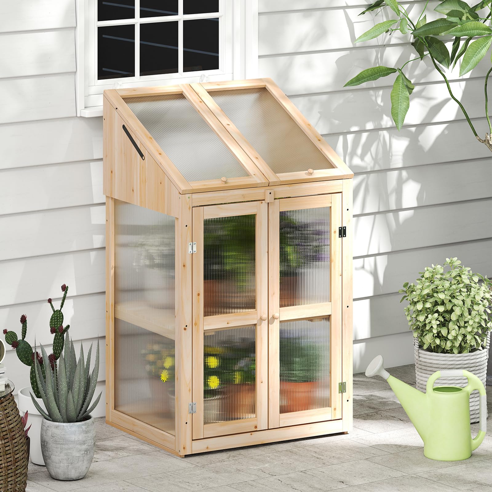 HOMASIS Serre de balcon en polycarbonate et verre, mini serre de jardin avec 2 étagères et portes, serre de terrasse en bois de sapin (naturel, 69 x 58 x 121 cm)