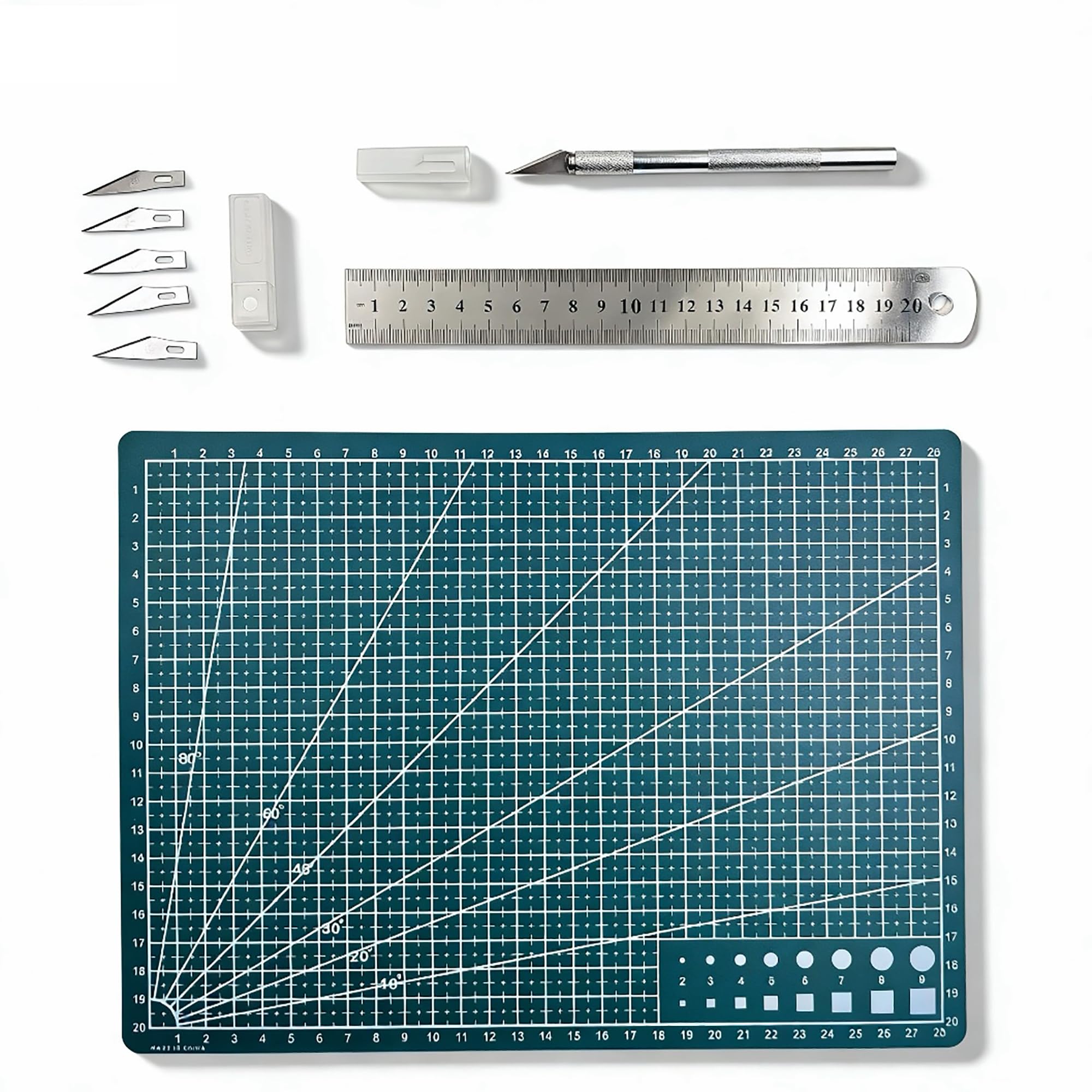 A4 Self Healing Cutting Mat with Ruler Set,0.9mm Thick Craft Mat Non Slip PVC with Clear Grid Lines | Precision Cutting Board for DIY Artwork Sewing & Model Making(Green)