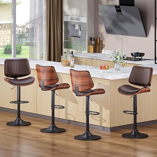 Miniatura 8 de Juego de 2 Taburetes de Bar, Taburetes de Bar para Isla de Cocina con Respaldo de Madera Curvada y Asiento de Cuero, Taburetes Giratorios para Marrón