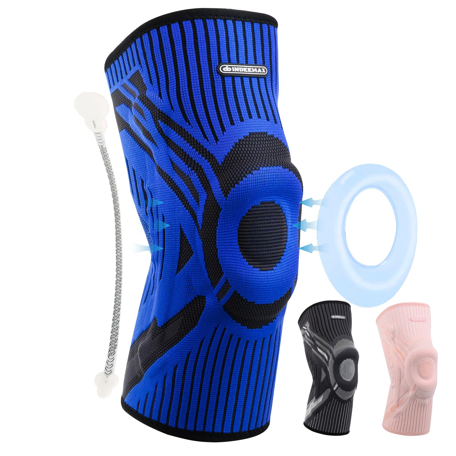INDEEMAX Kniebandage Männer und Damen,Kompression Kniestütze mit Seitlichen Stabilisatoren & Patella-Gel Polster, Bandage Knie für Lindert Knieschmerzen, ACL, Meniskusriss, Arthritis, Blau,L