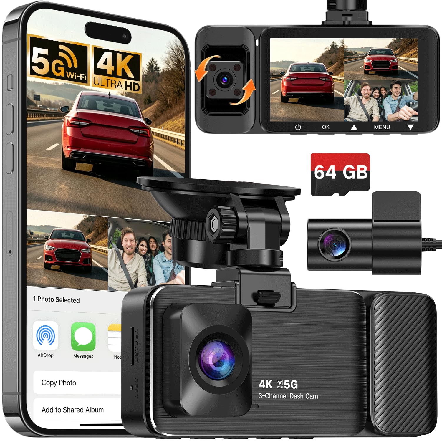 3 Kanal Dashcam Auto Vorne Hinten Innen, 4K Dash Cam mit Kostenloser 64-GB-Speicherkarte, 470°-Weitwinkel-Rundumschutz, 24H Parküberwachung, Nachtsicht, G-Sensor, Loop-Aufnahme, 5GHz WiFi Übertragung
