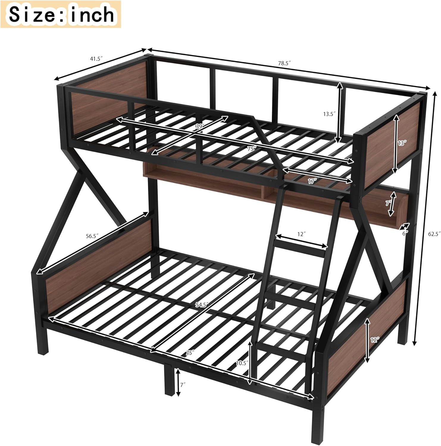 Bellemave Bunk Beds Twin Over Full Size with Storage Shelves & LED Light, Metal Twin Over Full Bunk Bed Frame with Wood Board & Sturdy Slats, Heavy Duty Bed Frame, Noise Free, Black