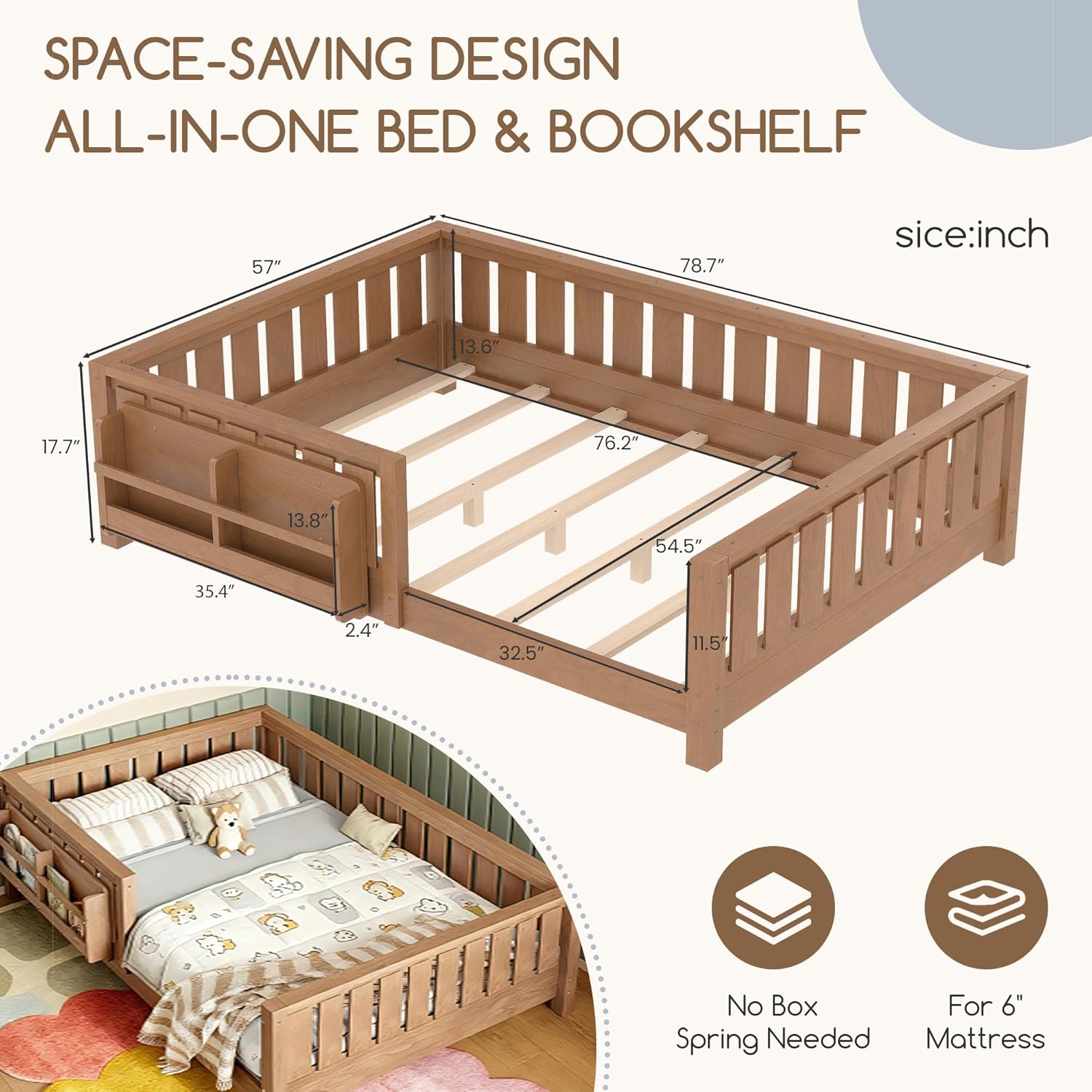 Bellemave Full Size Floor Bed Frame with Fence & Bookshelf, Solid Pinewood Montessori Floor Bed Full with Slats Load 450LBS, Low Profile Floor Bed for Kids, Bedroom, Nursery, Easy Assembly, Oak Brown