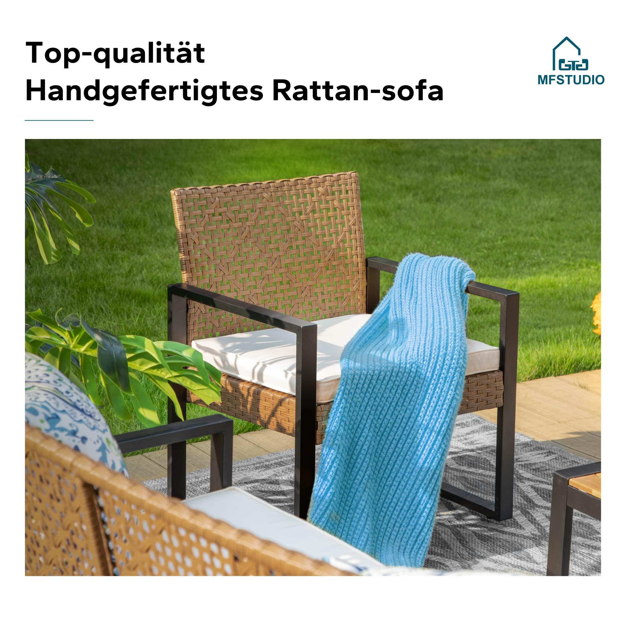 MFSTUDIO Polyrattan Gartenmöbel Set Balkonmöbel Outdoor Sitzgruppe Set Terrassenmöbel Lounge Gartenmöbel Set Tischplatte aus Massivem Akazienholz Braun Rattan Beige Kissen