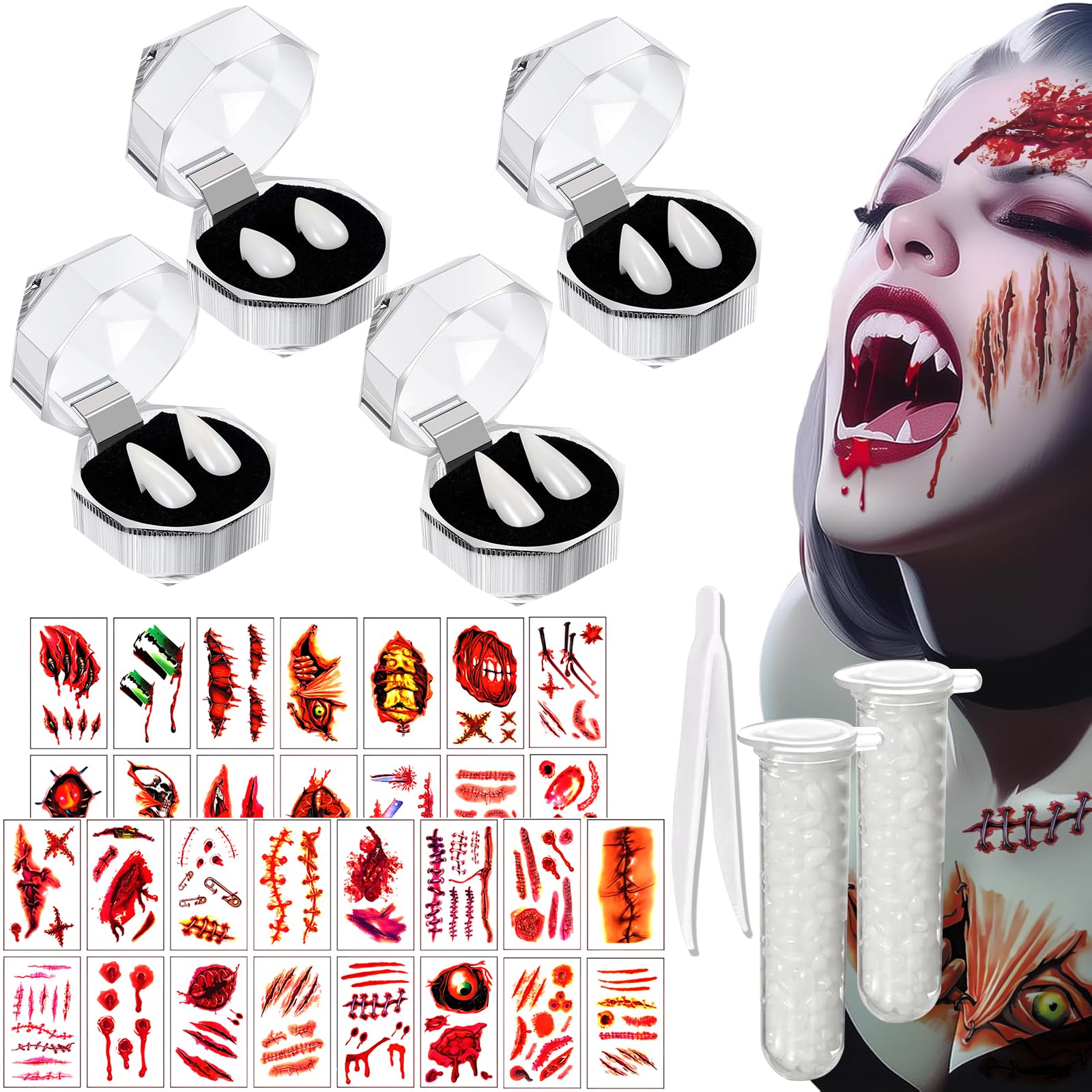 Kit Denti Da Vampiro Halloween - 4 Misure Diverse Con Gel Adesivo, Perfetto Per Costumi, Feste A Tema E Cosplay