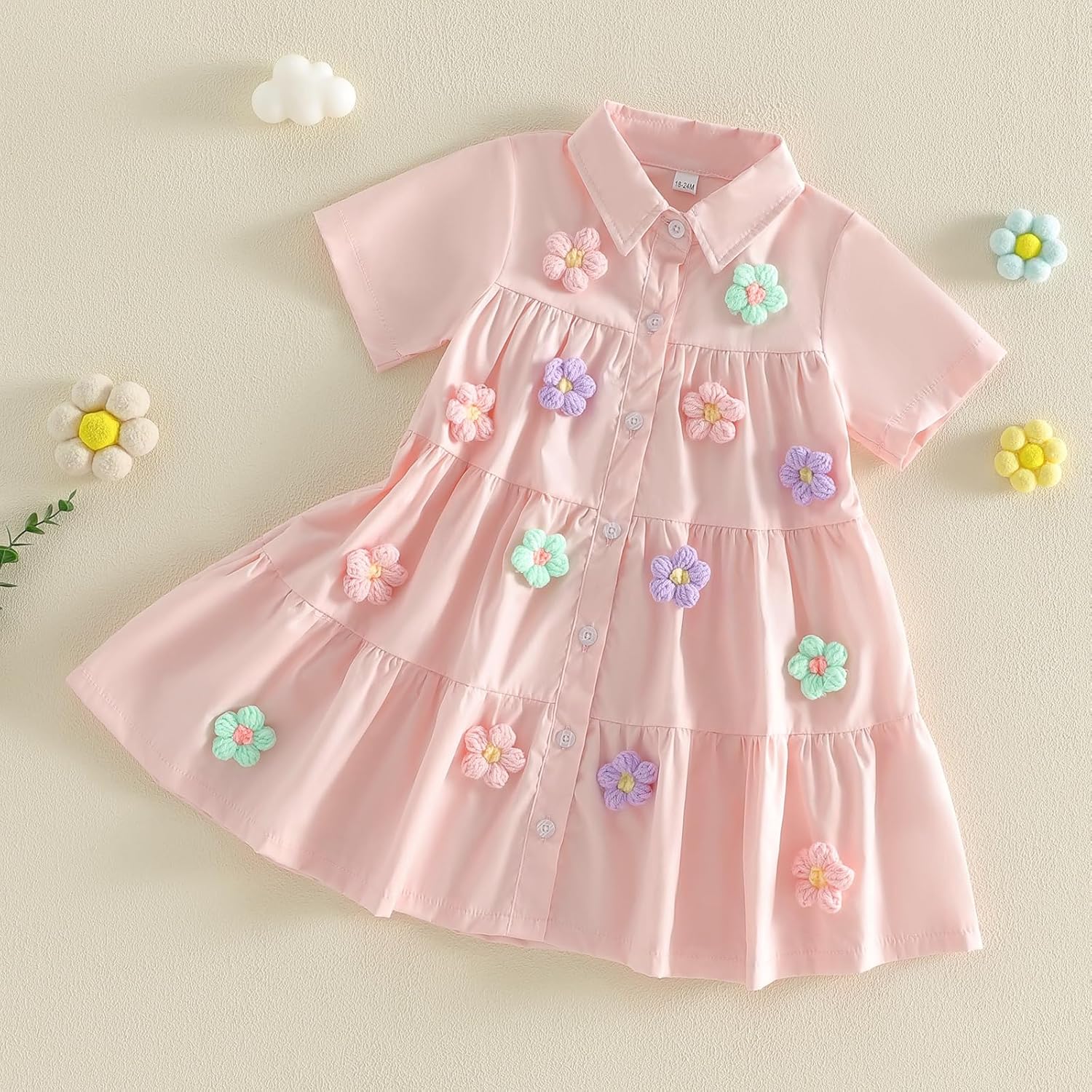 Lamuusaa Toddler Baby Girl Dress Lapel Neck 3D Flower Embroidery Shirt Dress Button A-Line Dress Summer Outfit 18M-7Y - Image 6