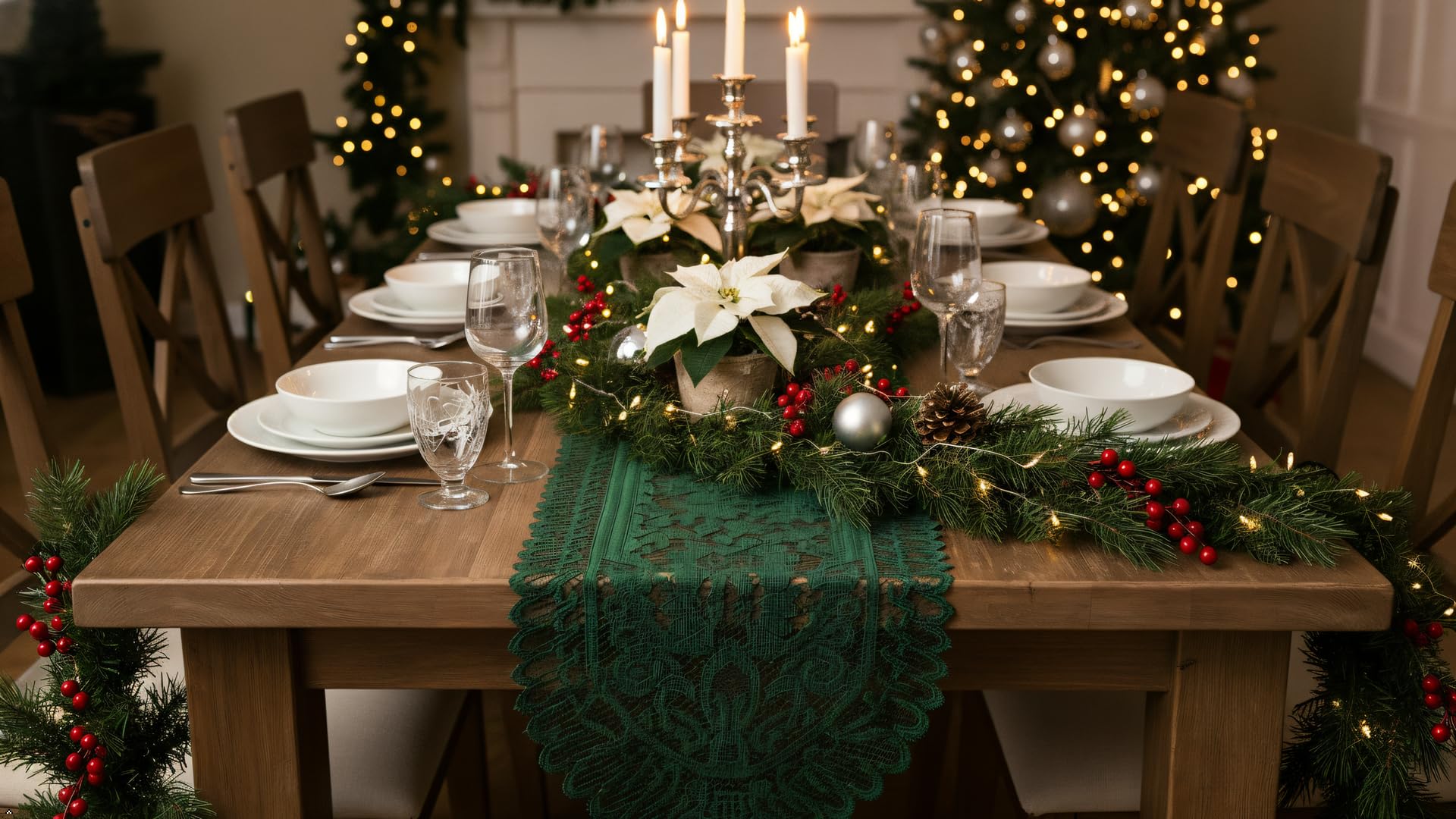 Rockcloud Camino de Mesa de Encaje para decoración de Banquetes de Boda, decoración de Mesa de Fiesta de Navidad, Verde, 13 x 59 Pulgadas