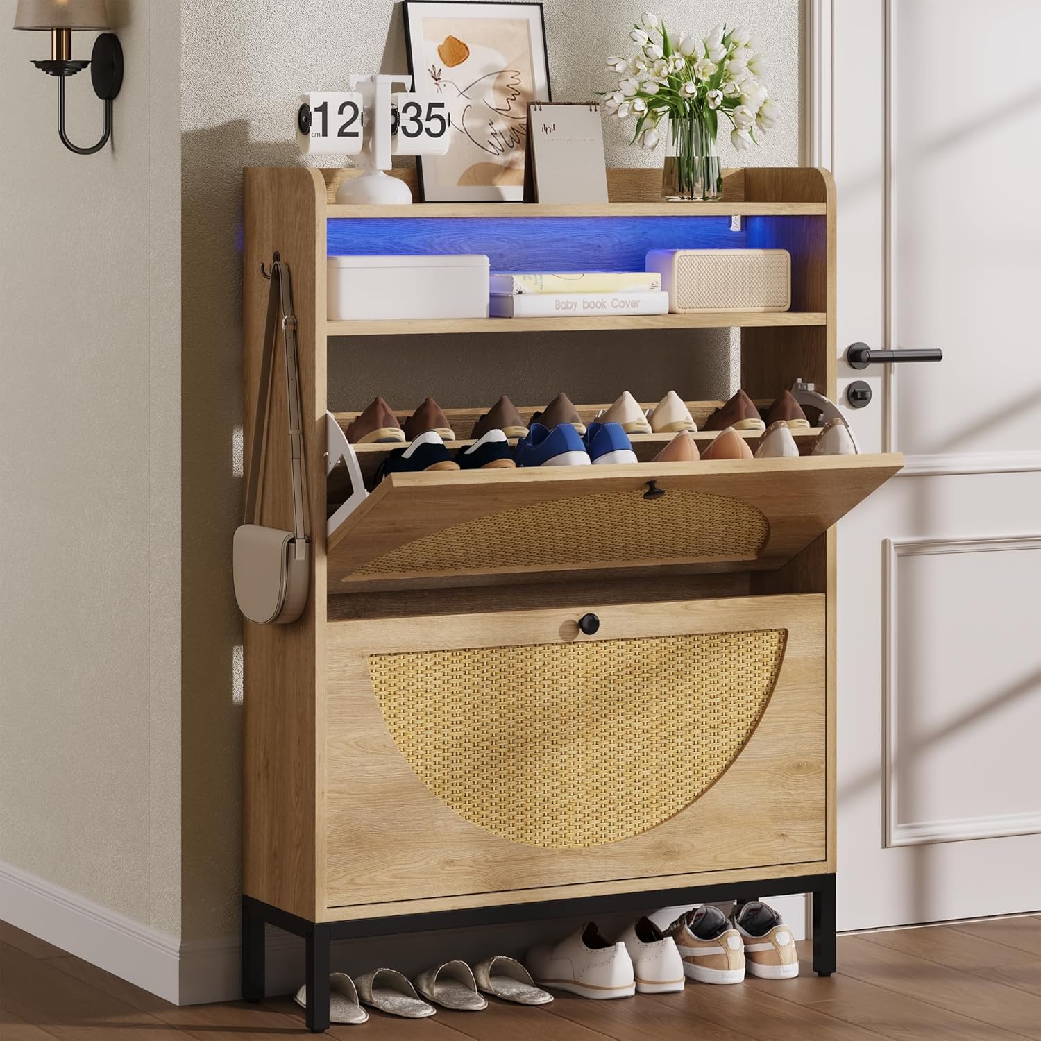 IRONCK Shoe Storage Cabinet with 2 Flip Drawers, Narrow Shoe Cabiet with Rattan Doors and LED, Free Standing Wood Shoe Rack Storage Organizer with Open Storage for Entryway