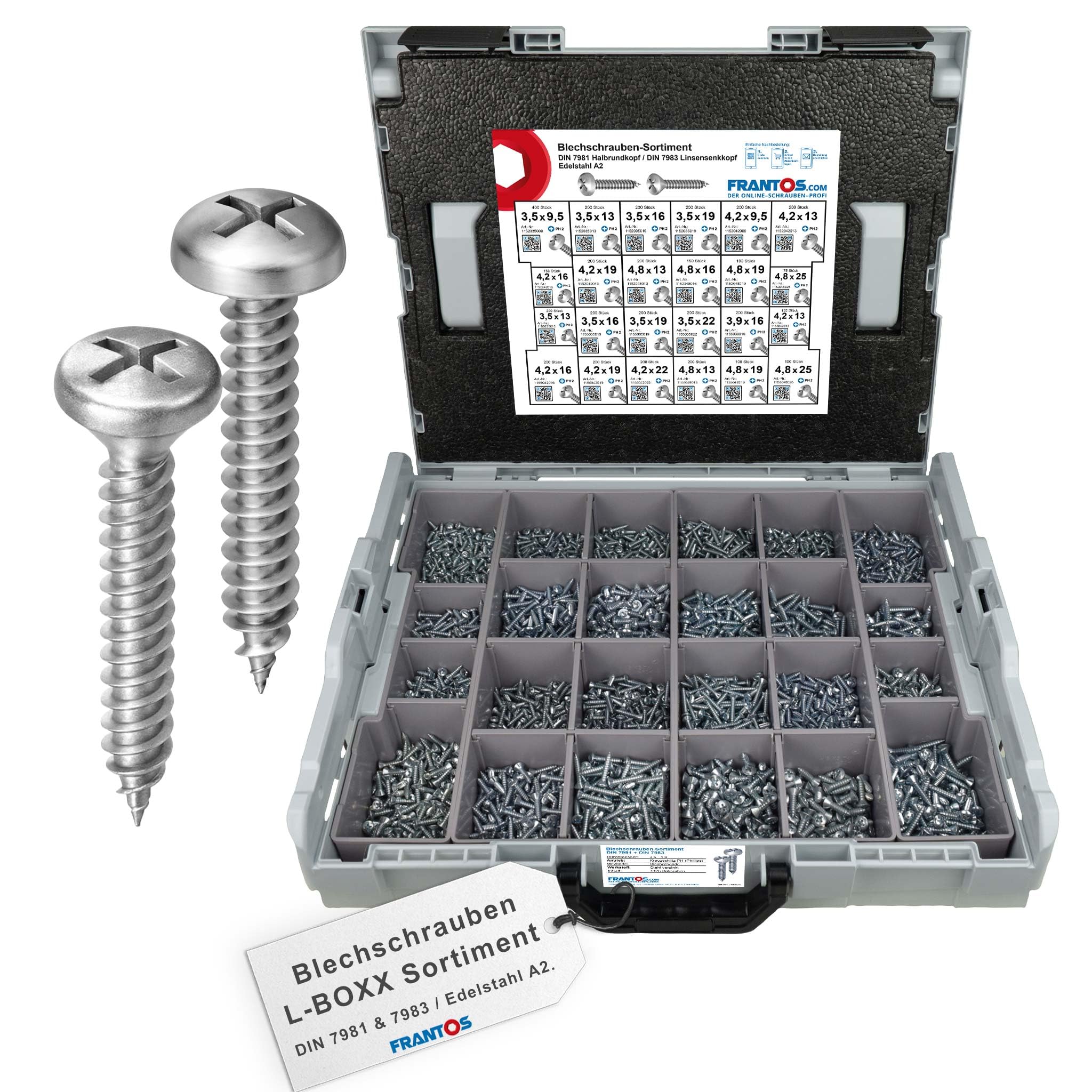 FRANTOS L-Boxx Sortimentskoffer mit Linsenkopf Blechschrauben DIN 7981 7983 - Edelstahl A2 I 4425 tlg. - Linsenkopfschrauben Sortiment Schraubensortiment