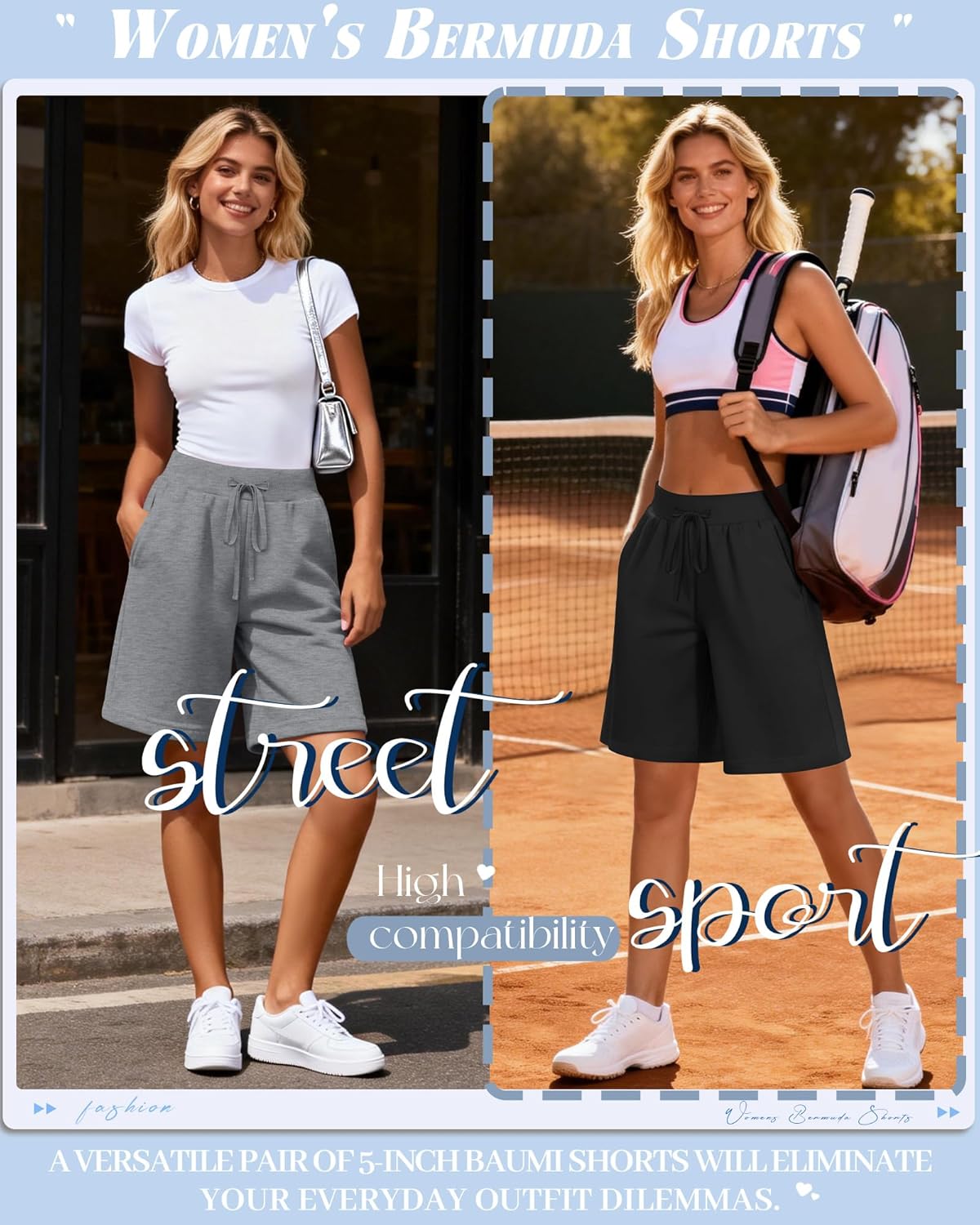 Neer 3 Pack Women's Bermuda Shorts Drawstring Elastic High Waisted Athletic Long Sweat Shorts Knee Length with Pockets - Image 4