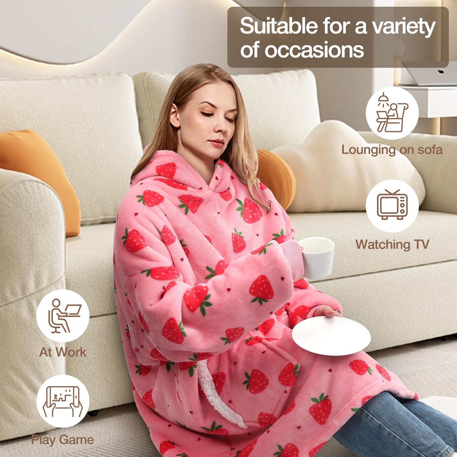 BINSUNS Oversized Wearable Hoodie Blanket, Soft Fuzzy Microfiber & Sherpa Wearable Blanket Sweater with Giant Pocket - Image 4